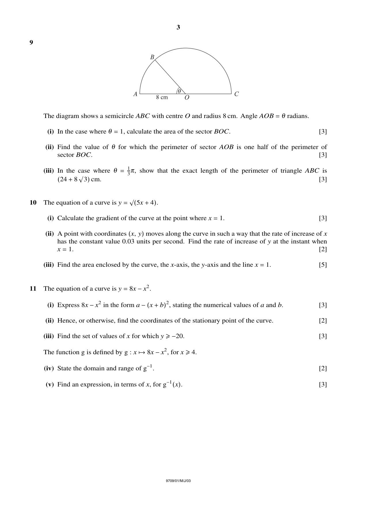 Cambridge A Level Mathematics 9709 2003 May/June Paper 1 · Variant 1 question paper, page 3 of 4