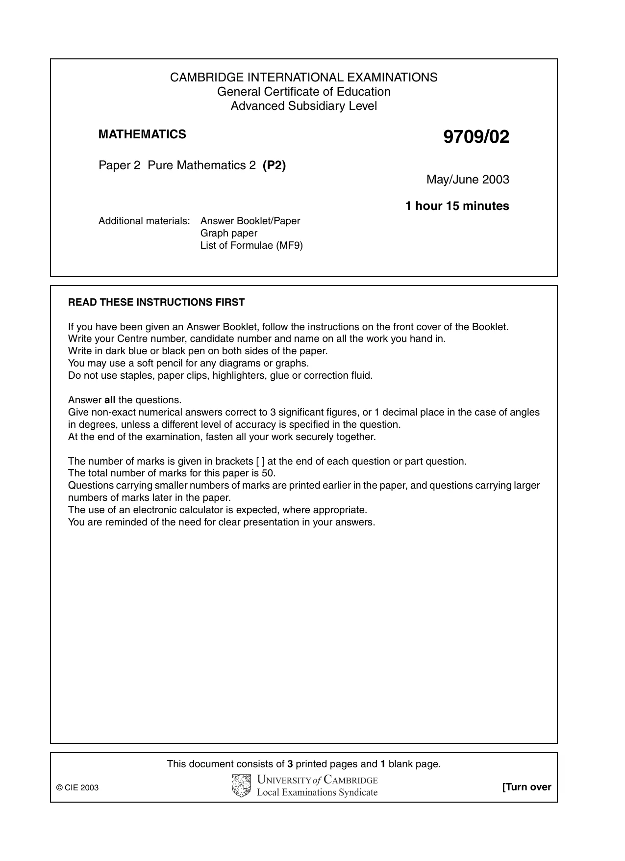 Cambridge A Level Mathematics 9709 2003 May/June Paper 2 · Variant 1 question paper, page 1 of 4