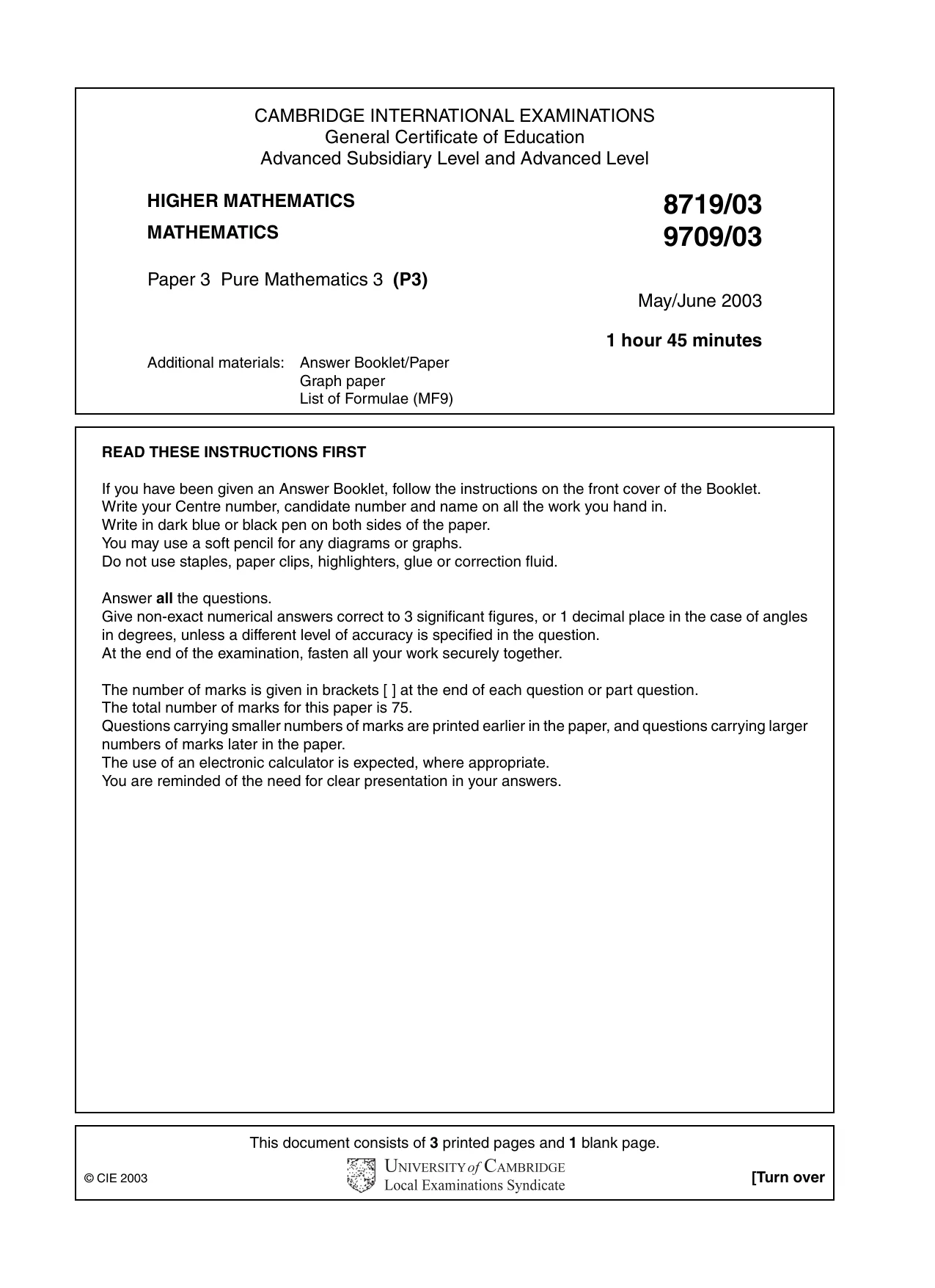 Cambridge A Level Mathematics 9709 2003 May/June Paper 3 · Variant 1 question paper, page 1 of 4