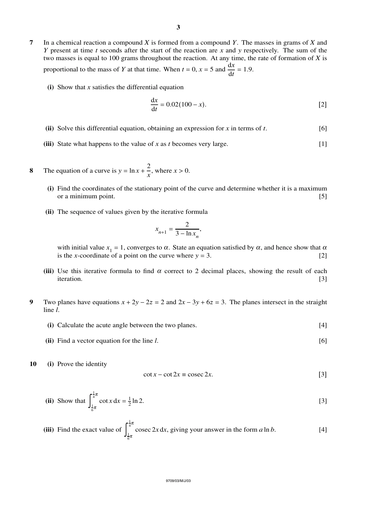 Cambridge A Level Mathematics 9709 2003 May/June Paper 3 · Variant 1 question paper, page 3 of 4