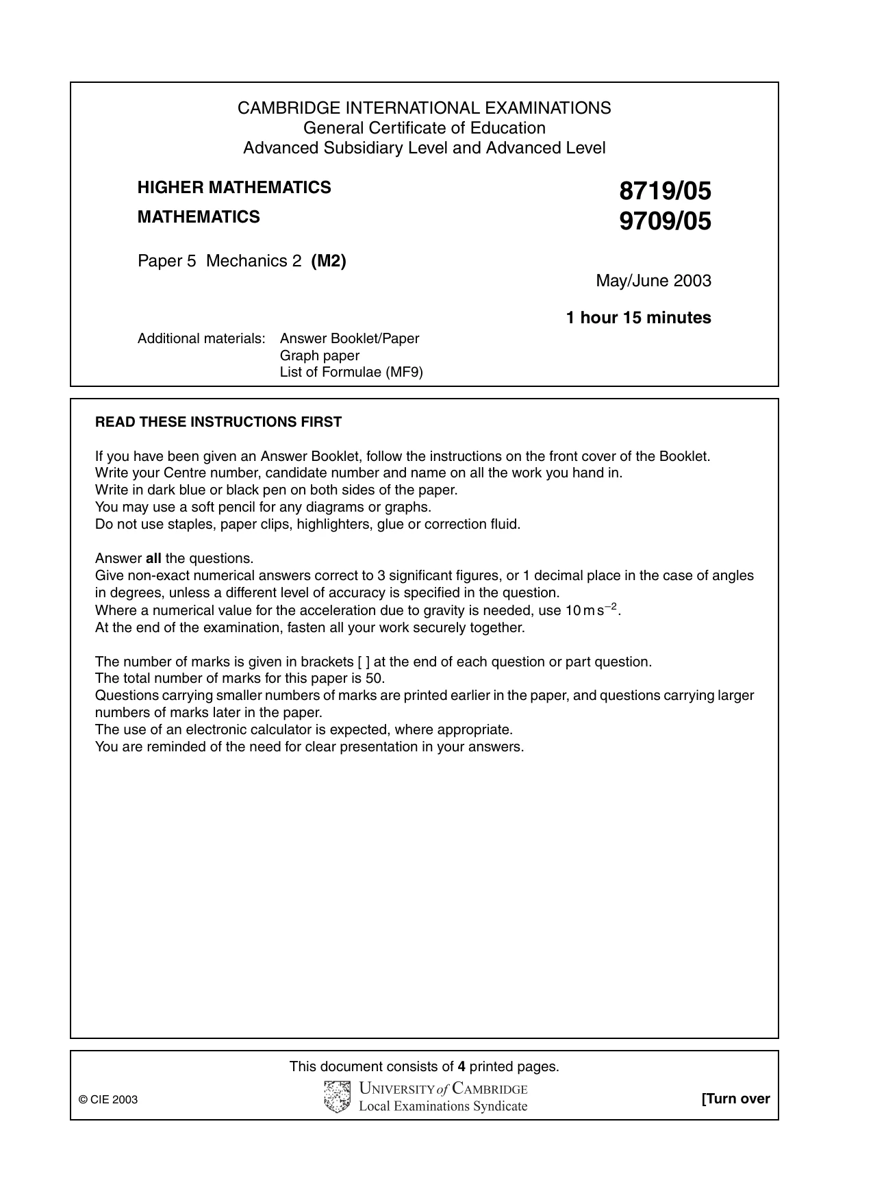 Cambridge A Level Mathematics 9709 2003 May/June Paper 5 · Variant 1 question paper, page 1 of 4