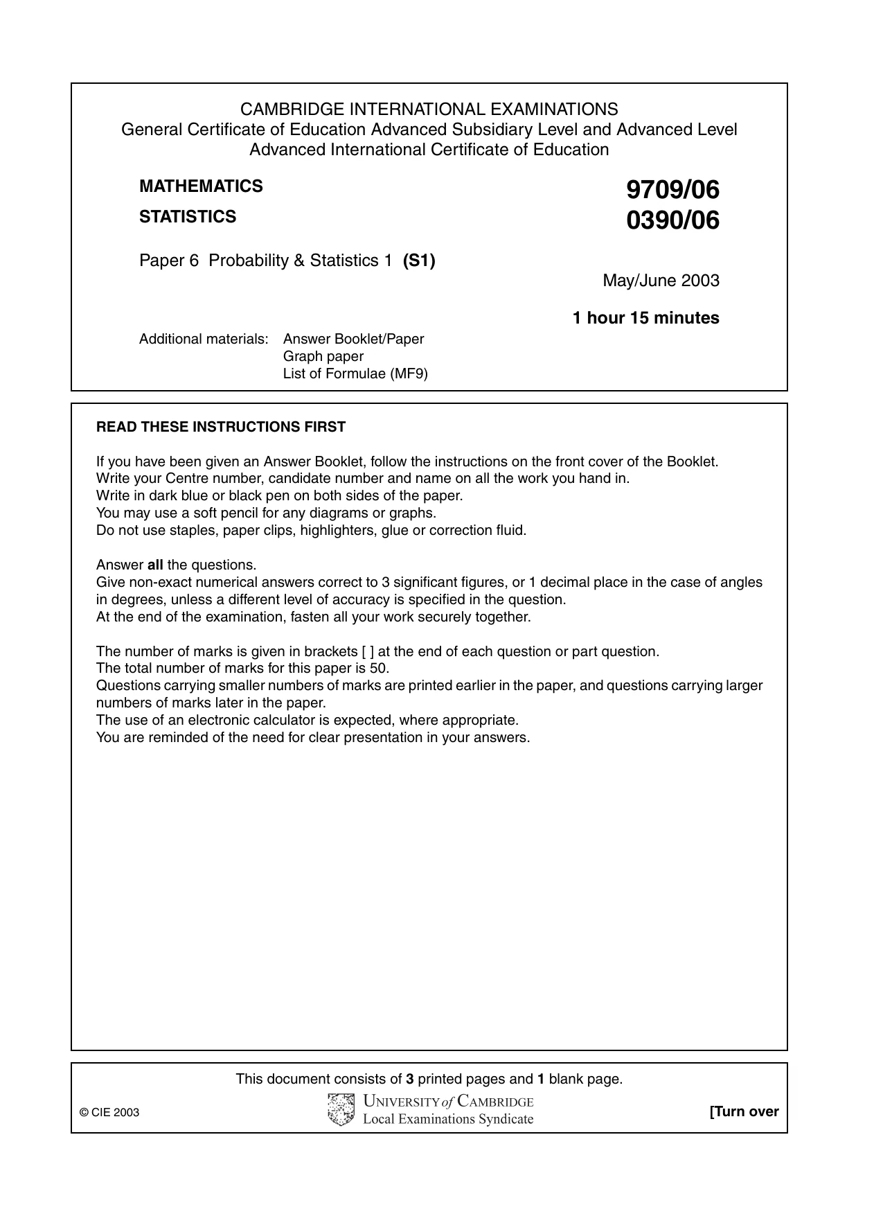 Cambridge A Level Mathematics 9709 2003 May/June Paper 6 · Variant 1 question paper, page 1 of 4