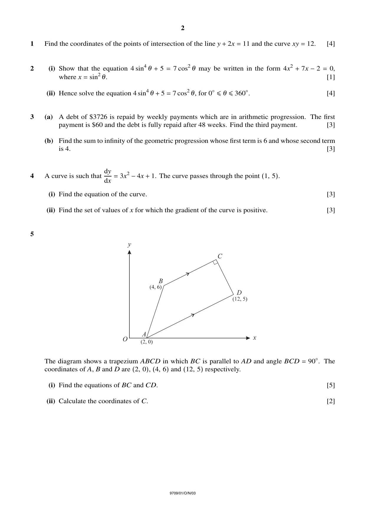 Cambridge A Level Mathematics 9709 2003 Oct/Nov Paper 1 · Variant 1 question paper, page 2 of 4