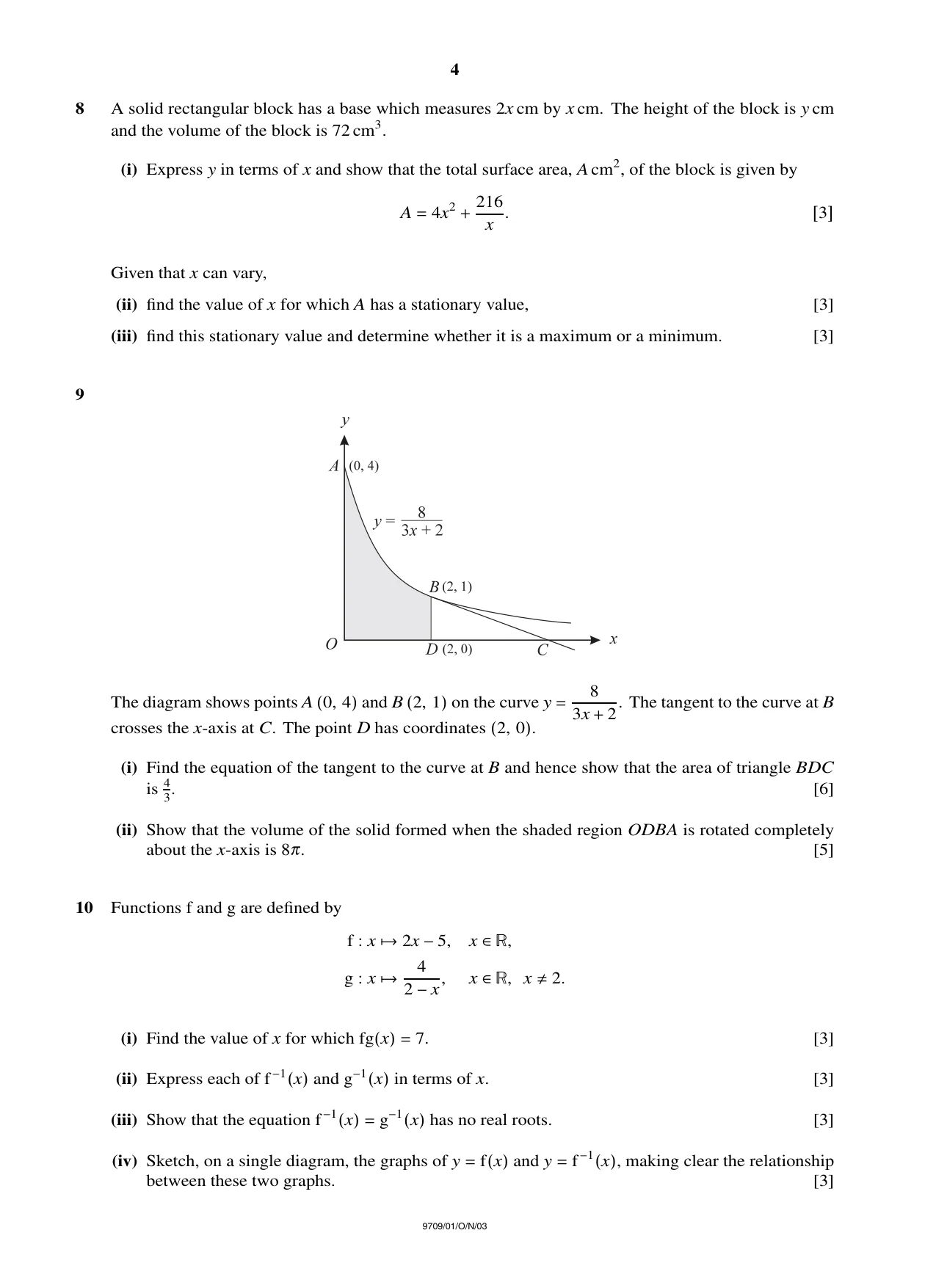 Cambridge A Level Mathematics 9709 2003 Oct/Nov Paper 1 · Variant 1 question paper, page 4 of 4
