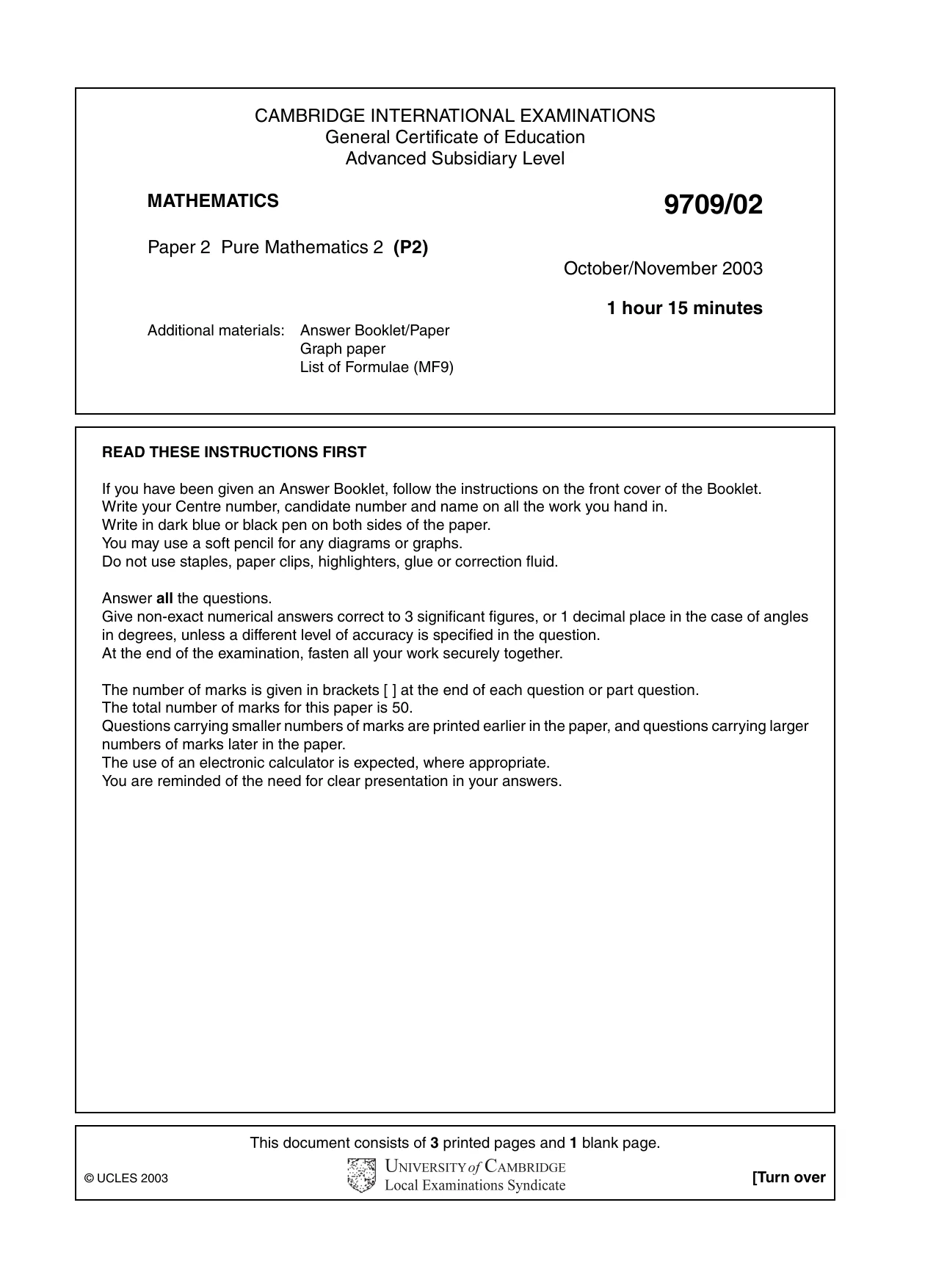 Cambridge A Level Mathematics 9709 2003 Oct/Nov Paper 2 · Variant 1 question paper, page 1 of 4
