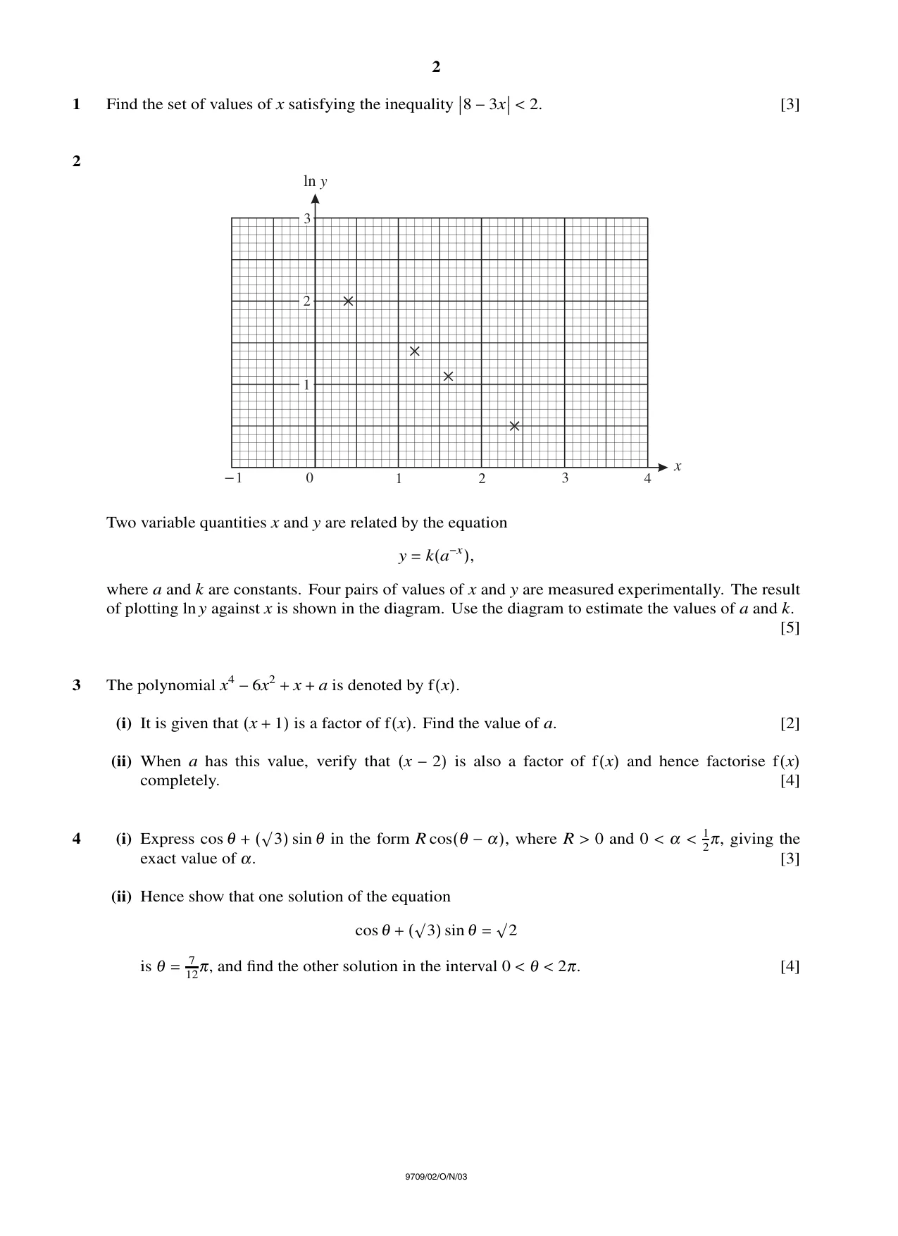 Cambridge A Level Mathematics 9709 2003 Oct/Nov Paper 2 · Variant 1 question paper, page 2 of 4