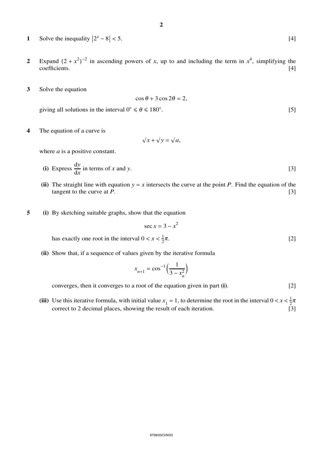 Cambridge A Level Mathematics 9709 2003 Oct/Nov Paper 3 · Variant 1 question paper, page 2 of 4