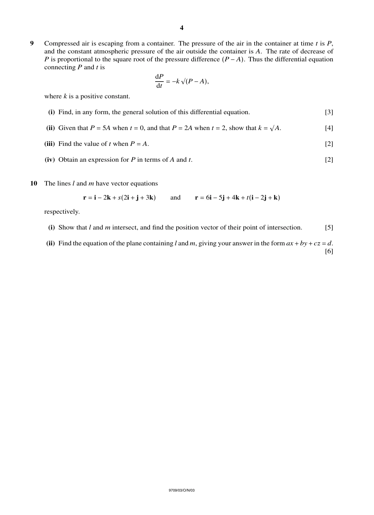 Cambridge A Level Mathematics 9709 2003 Oct/Nov Paper 3 · Variant 1 question paper, page 4 of 4