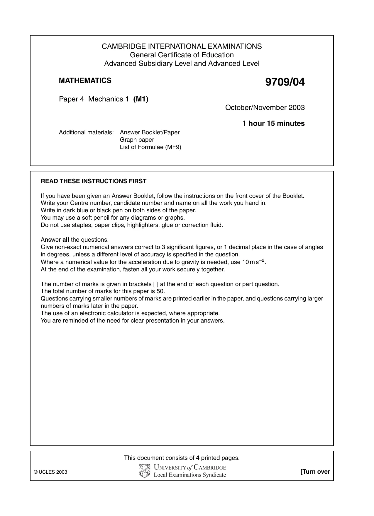 Cambridge A Level Mathematics 9709 2003 Oct/Nov Paper 4 · Variant 1 question paper, page 1 of 4