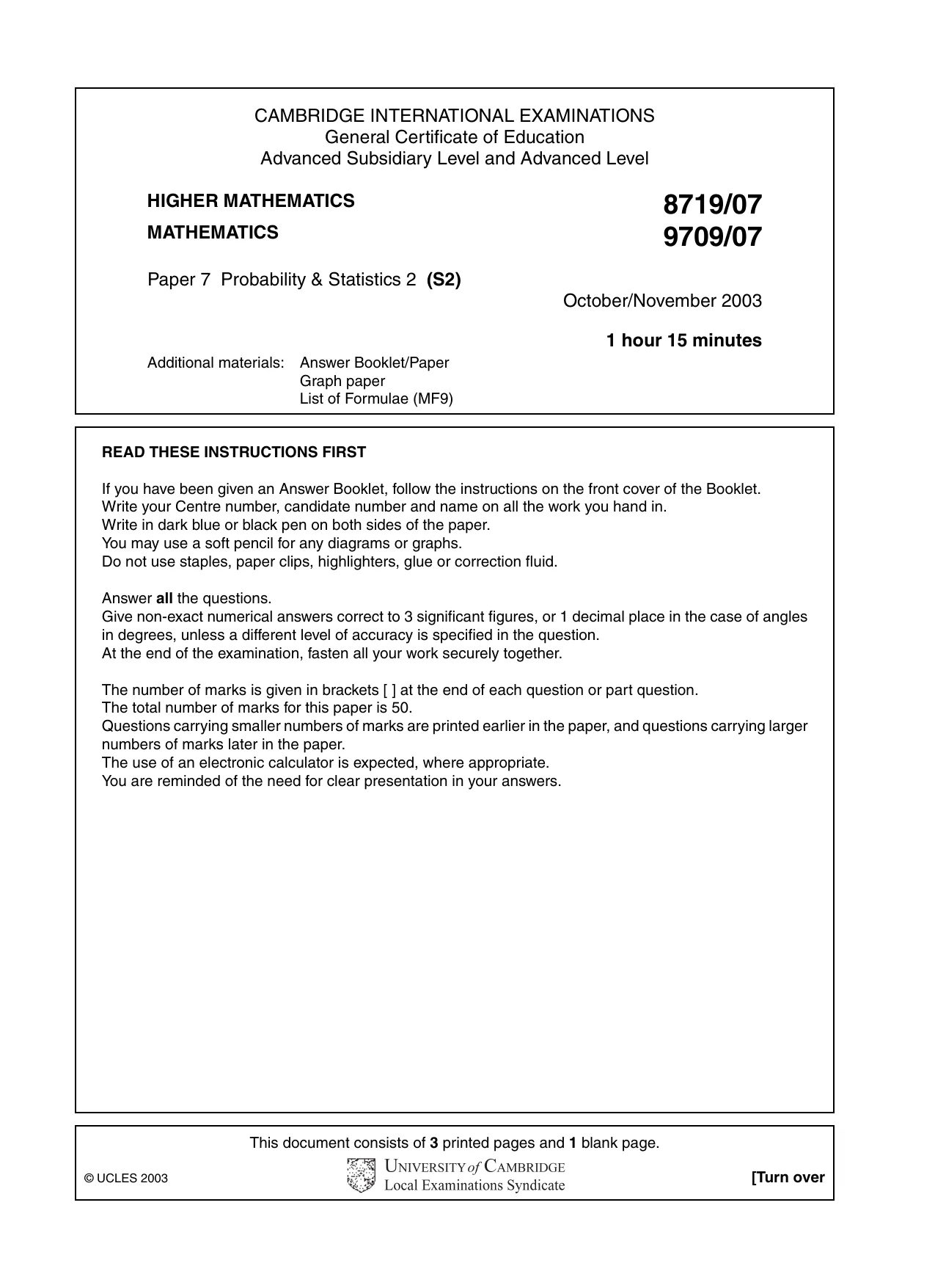 Cambridge A Level Mathematics 9709 2003 Oct/Nov Paper 7 · Variant 1 question paper, page 1 of 4