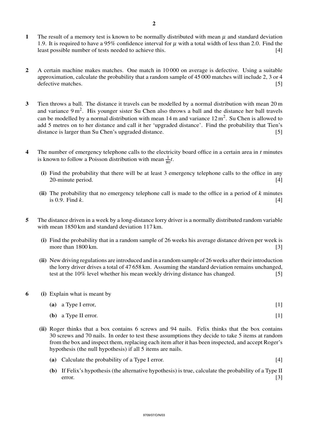 Cambridge A Level Mathematics 9709 2003 Oct/Nov Paper 7 · Variant 1 question paper, page 2 of 4