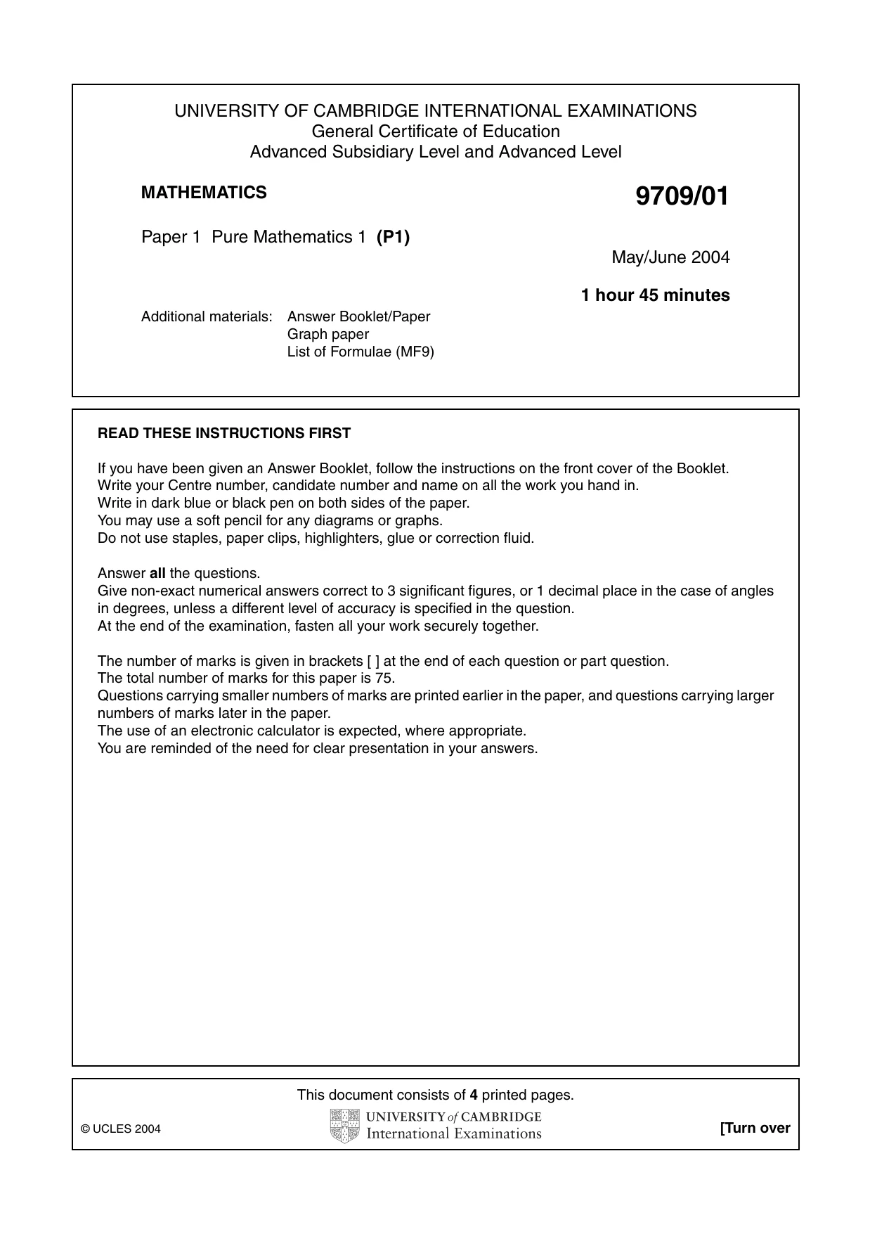 Cambridge A Level Mathematics 9709 2004 May/June Paper 1 · Variant 1 question paper, page 1 of 4
