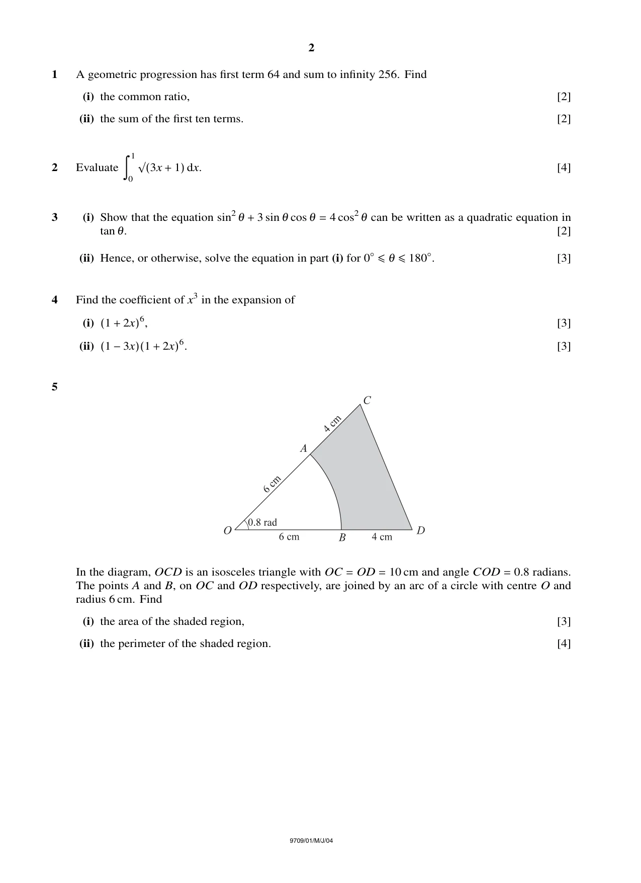 Cambridge A Level Mathematics 9709 2004 May/June Paper 1 · Variant 1 question paper, page 2 of 4