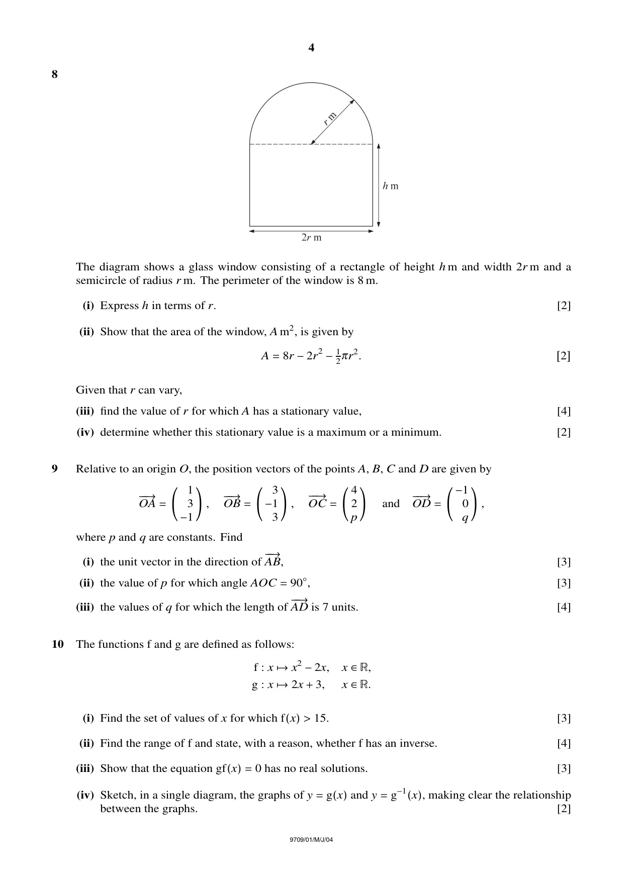 Cambridge A Level Mathematics 9709 2004 May/June Paper 1 · Variant 1 question paper, page 4 of 4
