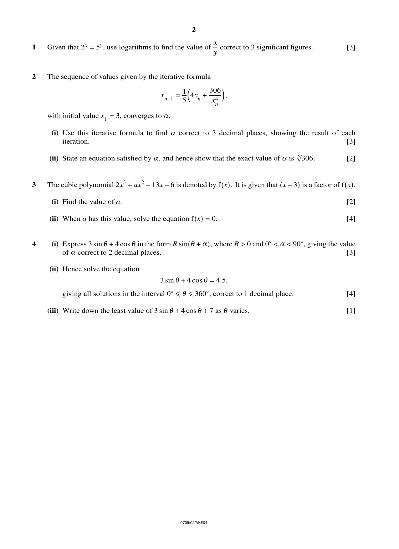 Cambridge A Level Mathematics 9709 2004 May/June Paper 2 · Variant 1 question paper, page 2 of 4