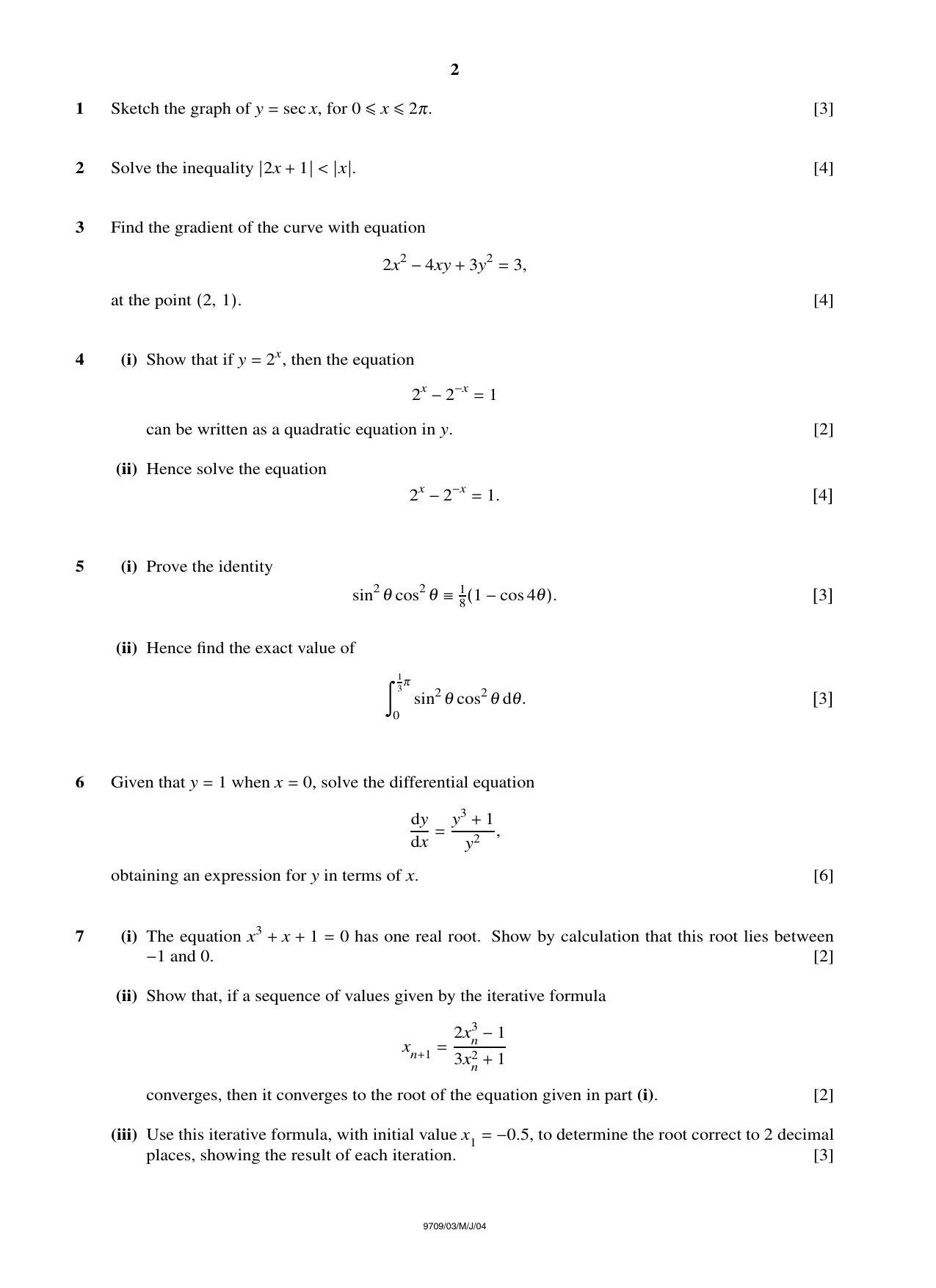 Cambridge A Level Mathematics 9709 2004 May/June Paper 3 · Variant 1 question paper, page 2 of 4
