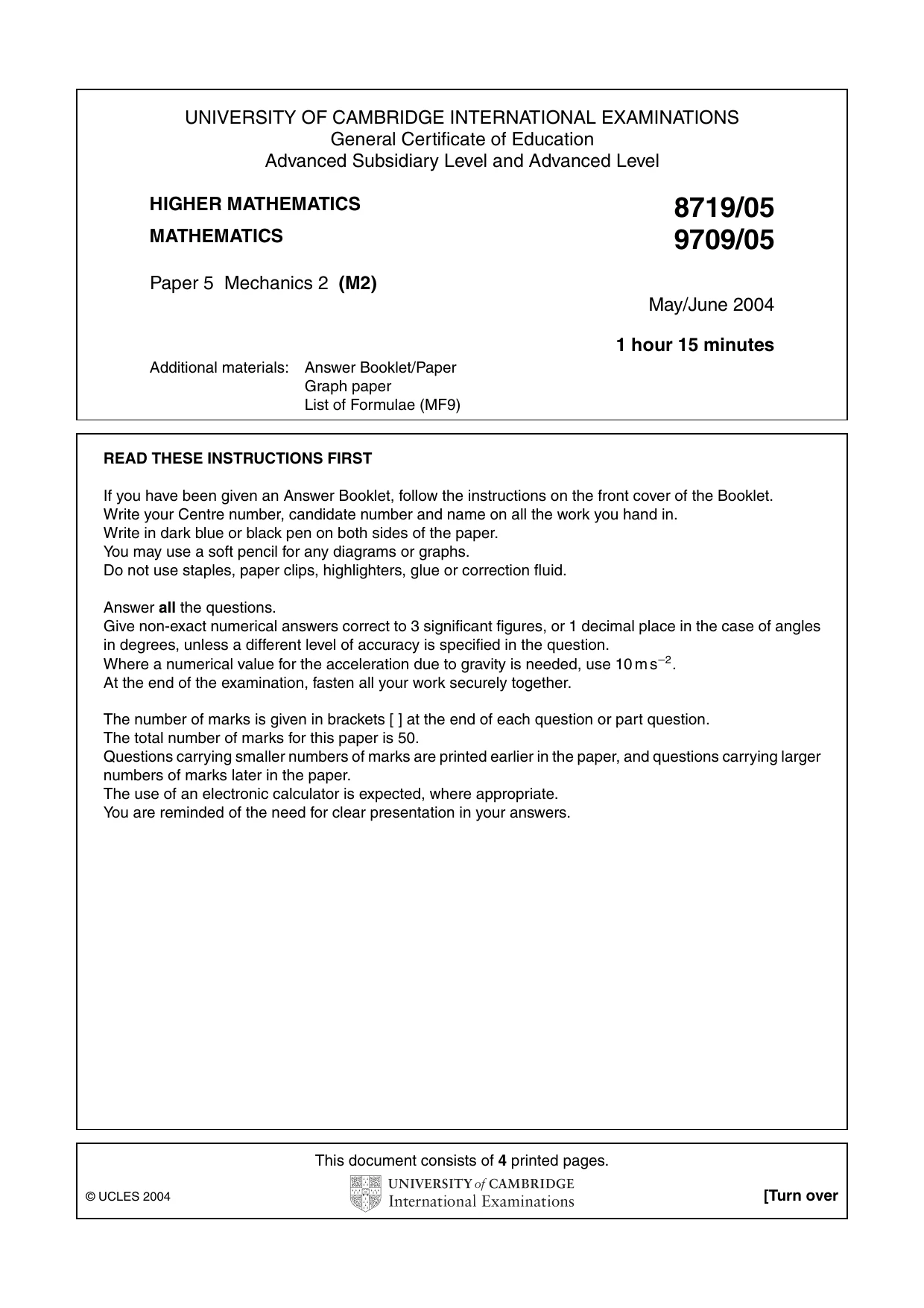 Cambridge A Level Mathematics 9709 2004 May/June Paper 5 · Variant 1 question paper, page 1 of 4