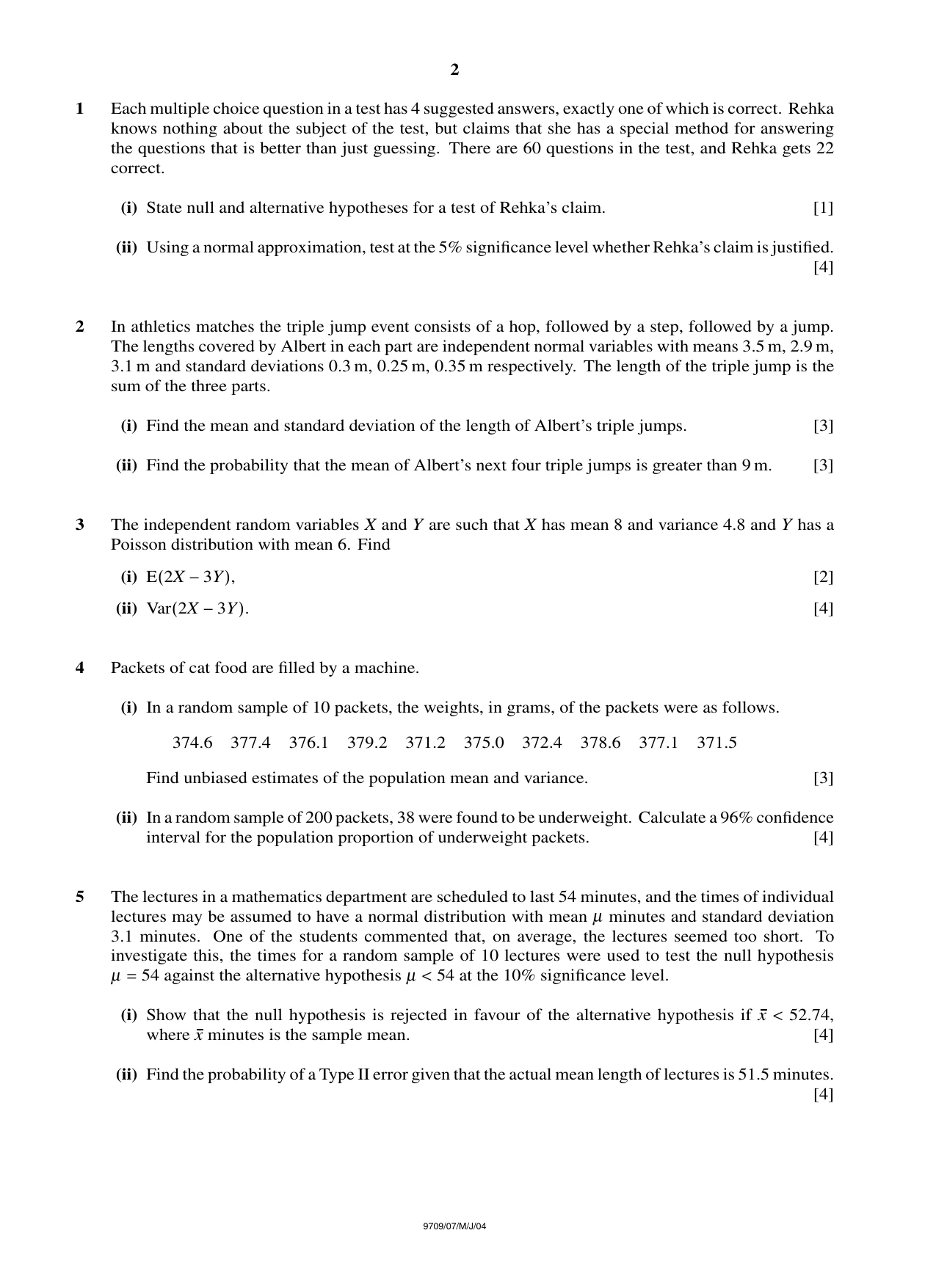 Cambridge A Level Mathematics 9709 2004 May/June Paper 7 · Variant 1 question paper, page 2 of 4