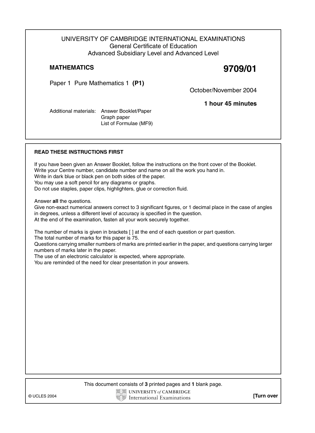 Cambridge A Level Mathematics 9709 2004 Oct/Nov Paper 1 · Variant 1 question paper, page 1 of 4