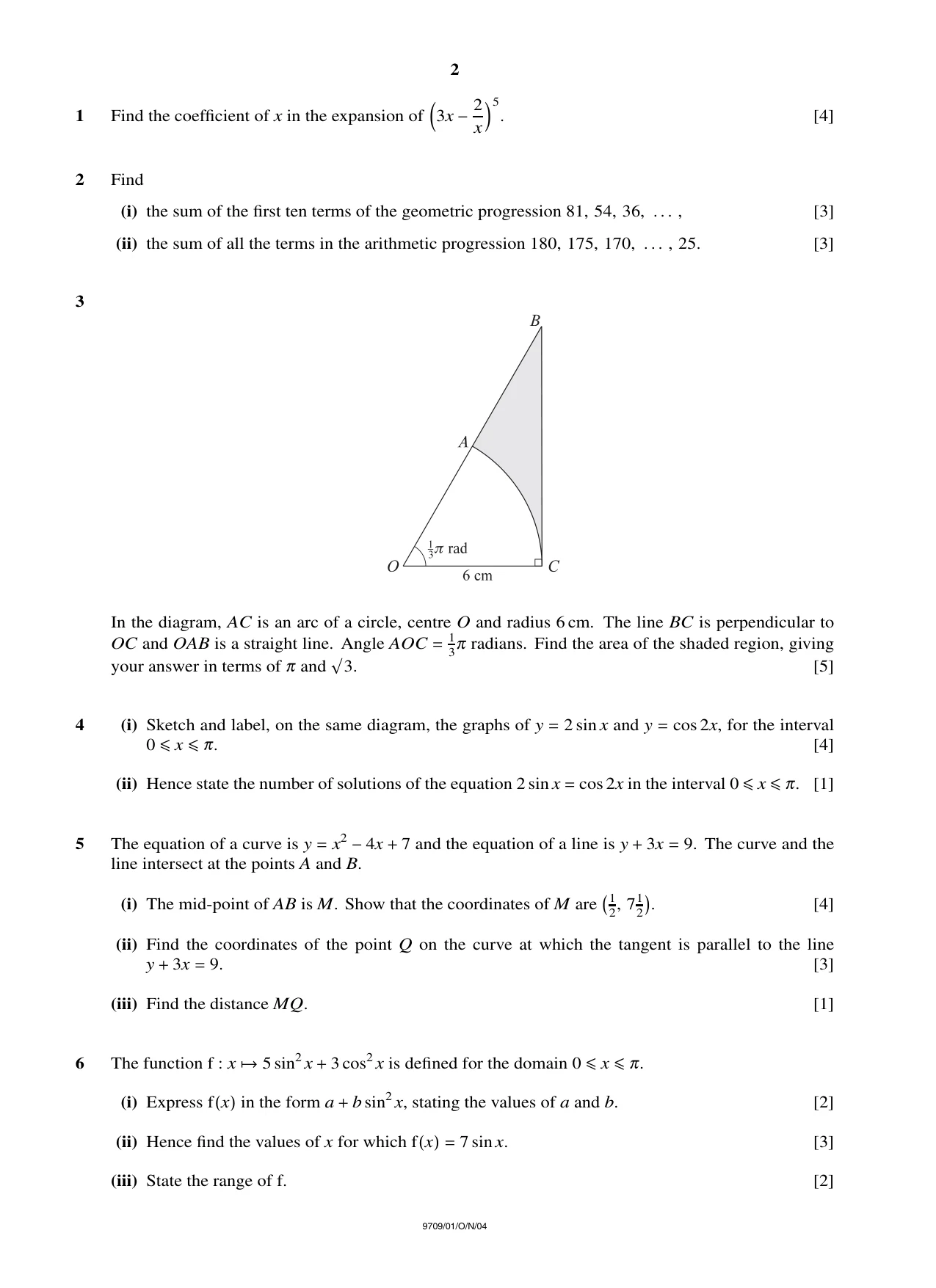 Cambridge A Level Mathematics 9709 2004 Oct/Nov Paper 1 · Variant 1 question paper, page 2 of 4