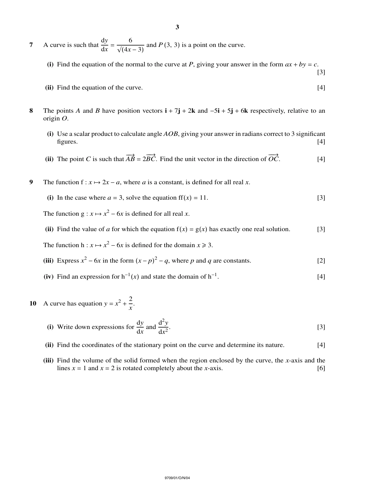 Cambridge A Level Mathematics 9709 2004 Oct/Nov Paper 1 · Variant 1 question paper, page 3 of 4