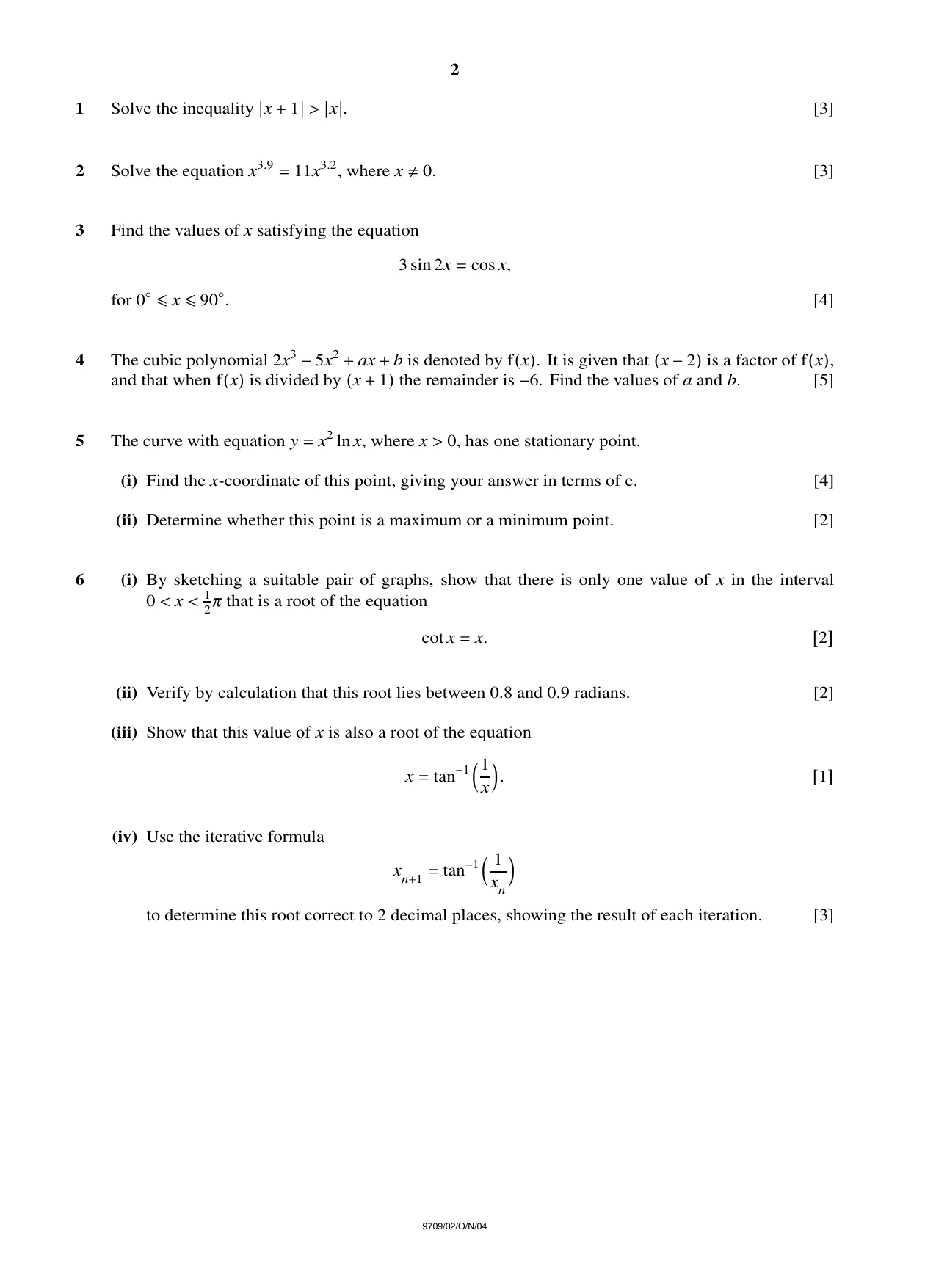 Cambridge A Level Mathematics 9709 2004 Oct/Nov Paper 2 · Variant 1 question paper, page 2 of 4