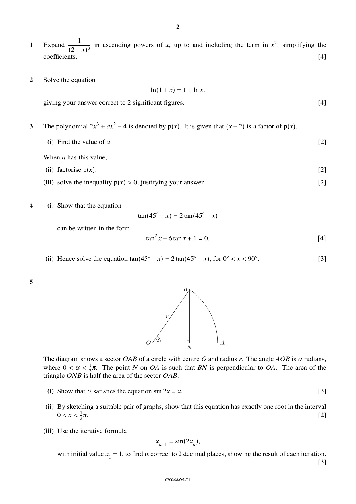 Cambridge A Level Mathematics 9709 2004 Oct/Nov Paper 3 · Variant 1 question paper, page 2 of 4