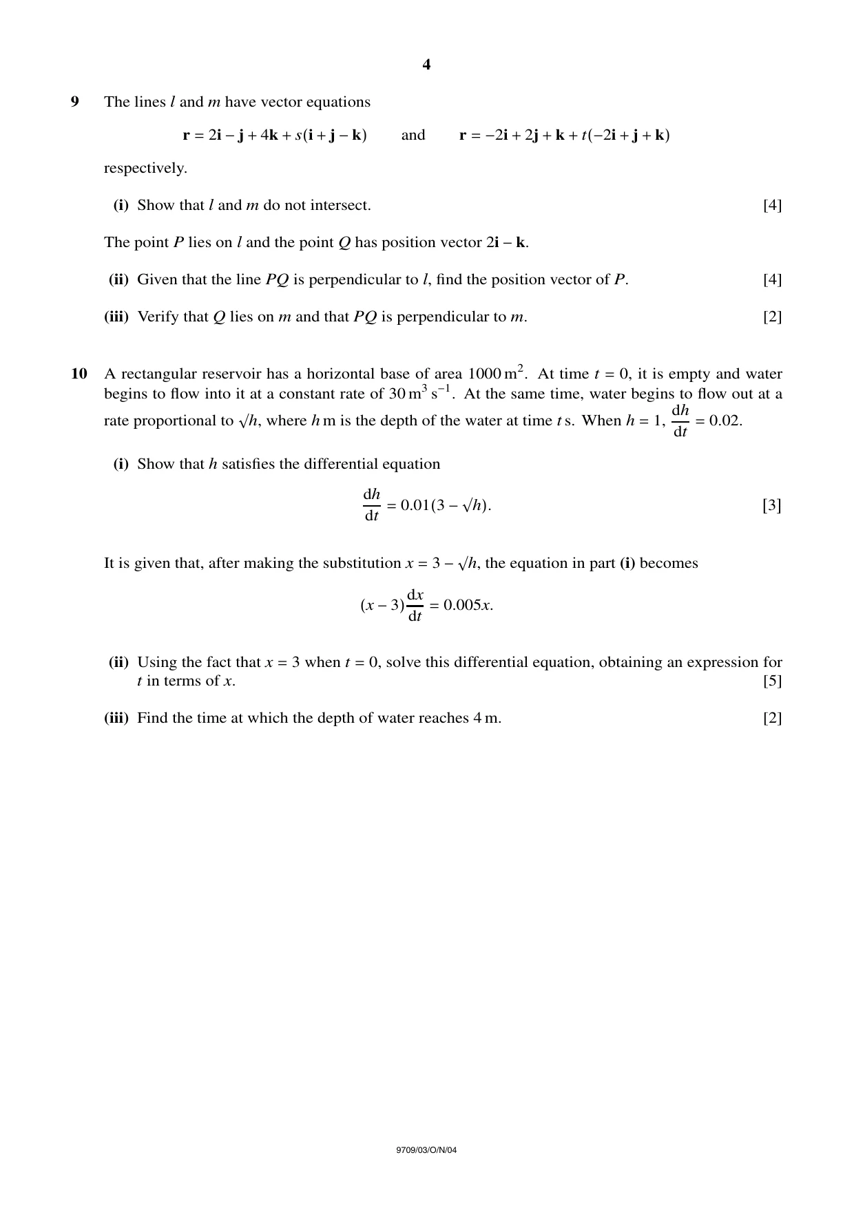Cambridge A Level Mathematics 9709 2004 Oct/Nov Paper 3 · Variant 1 question paper, page 4 of 4