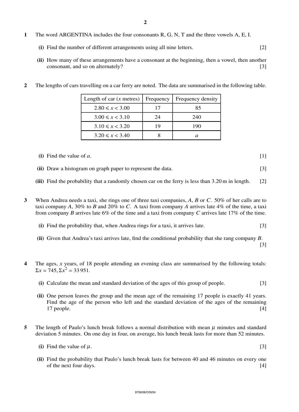 Cambridge A Level Mathematics 9709 2004 Oct/Nov Paper 6 · Variant 1 question paper, page 2 of 4