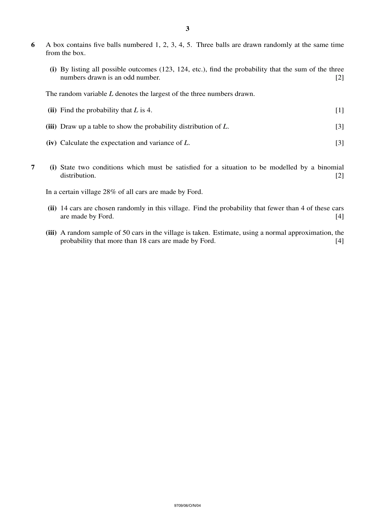 Cambridge A Level Mathematics 9709 2004 Oct/Nov Paper 6 · Variant 1 question paper, page 3 of 4