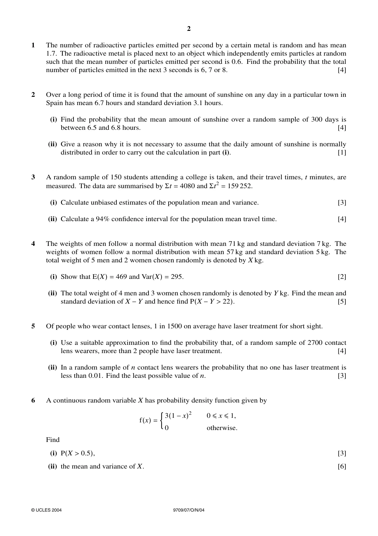Cambridge A Level Mathematics 9709 2004 Oct/Nov Paper 7 · Variant 1 question paper, page 2 of 4