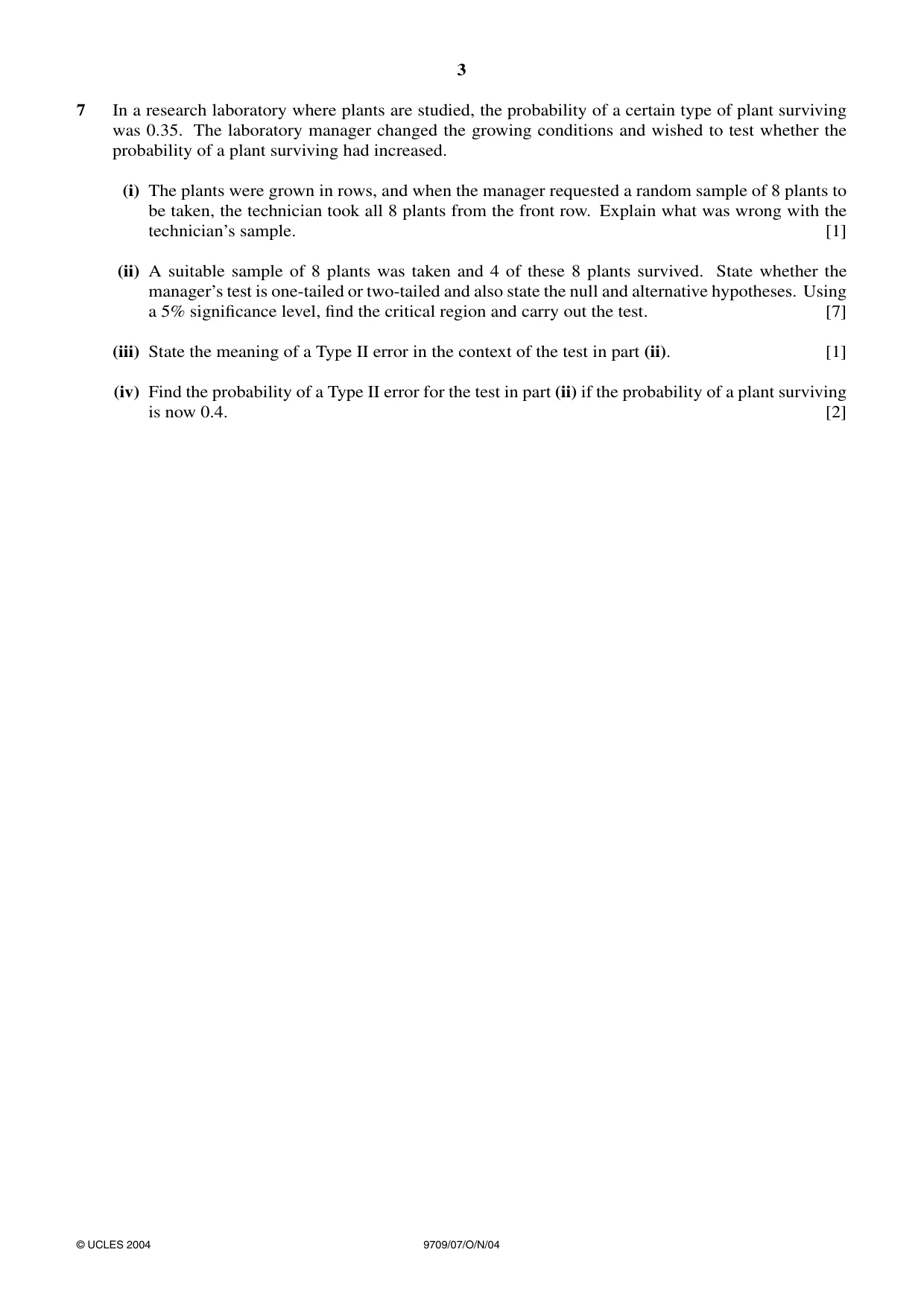 Cambridge A Level Mathematics 9709 2004 Oct/Nov Paper 7 · Variant 1 question paper, page 3 of 4