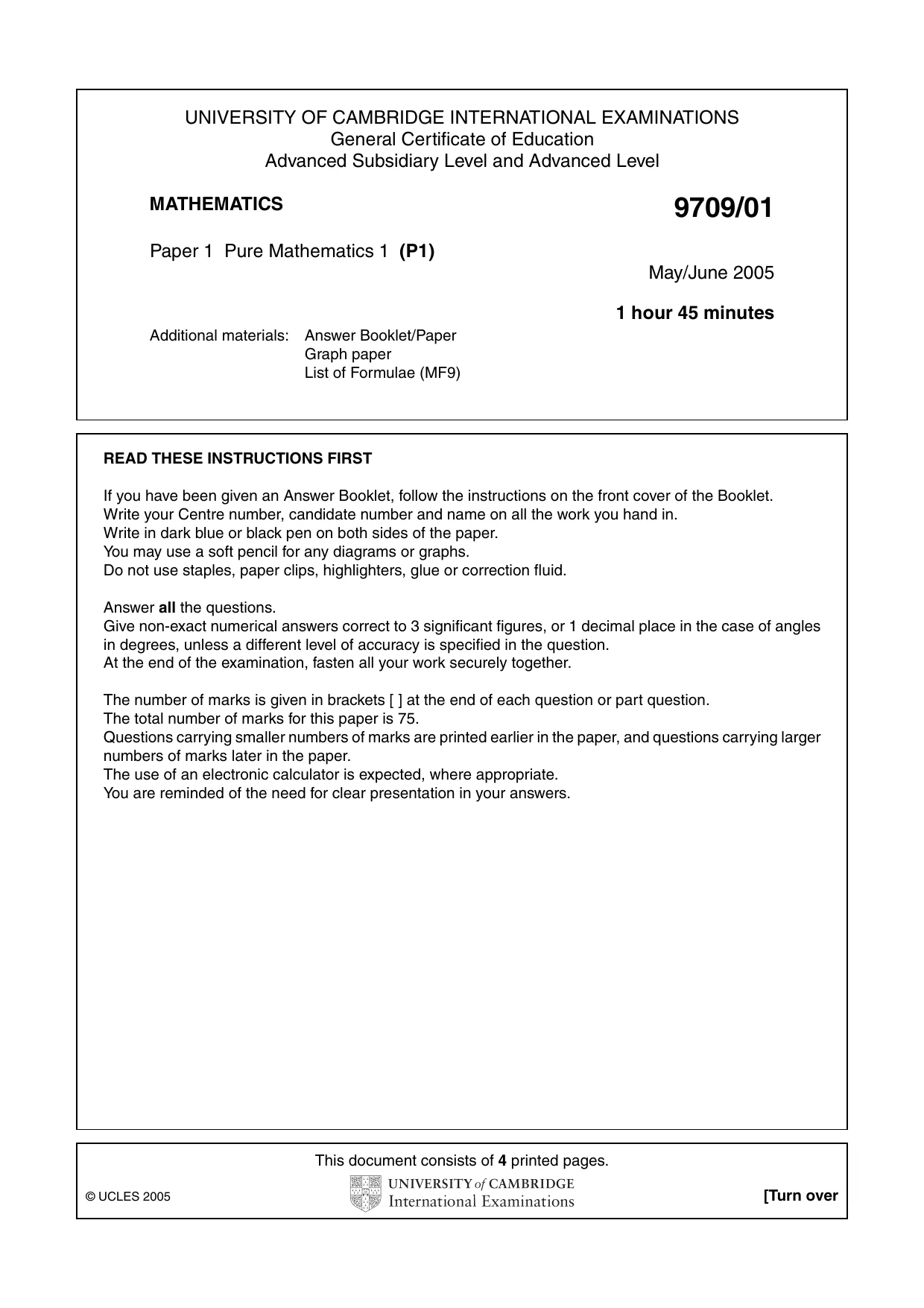 Cambridge A Level Mathematics 9709 2005 May/June Paper 1 · Variant 1 question paper, page 1 of 4