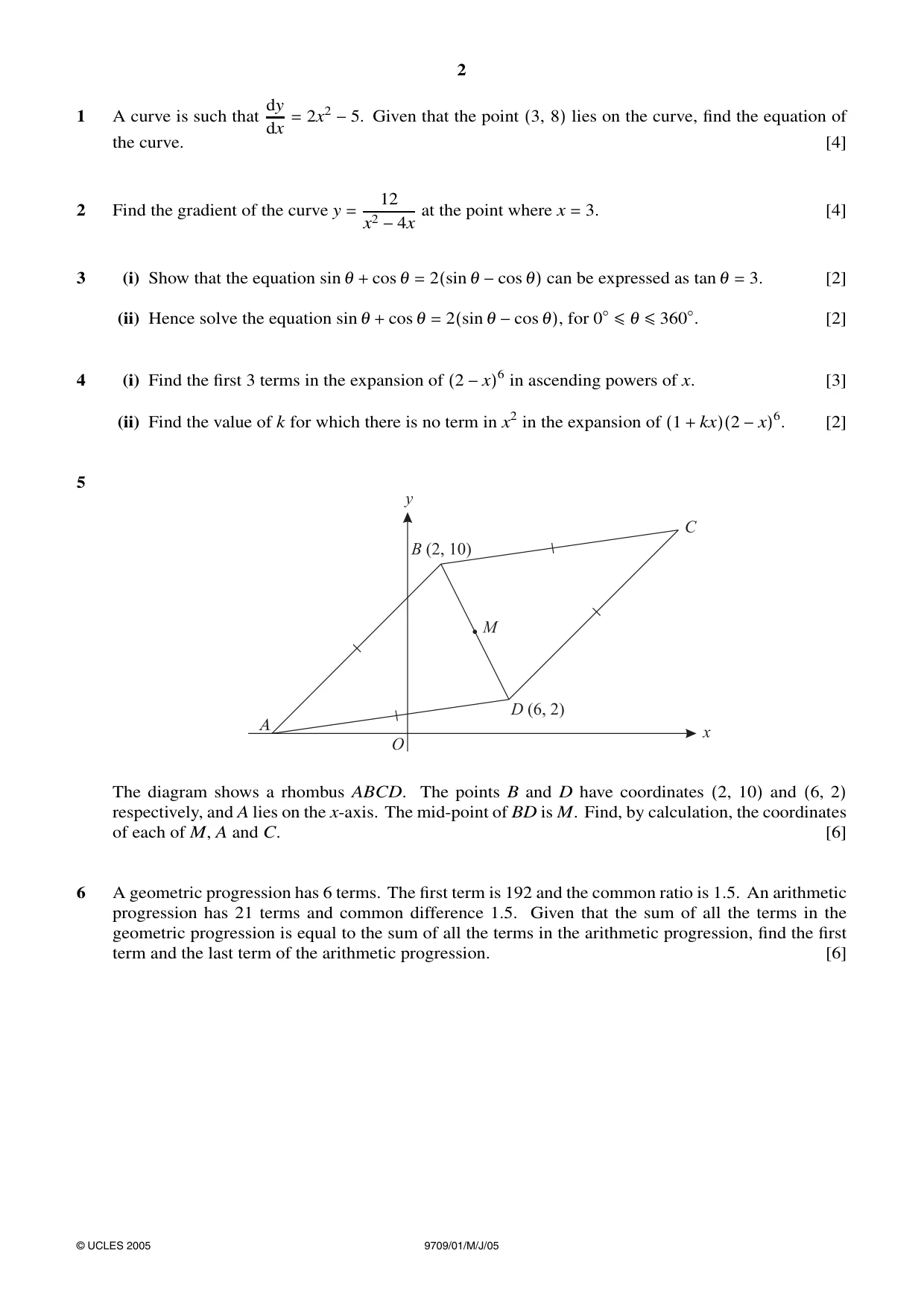 Cambridge A Level Mathematics 9709 2005 May/June Paper 1 · Variant 1 question paper, page 2 of 4