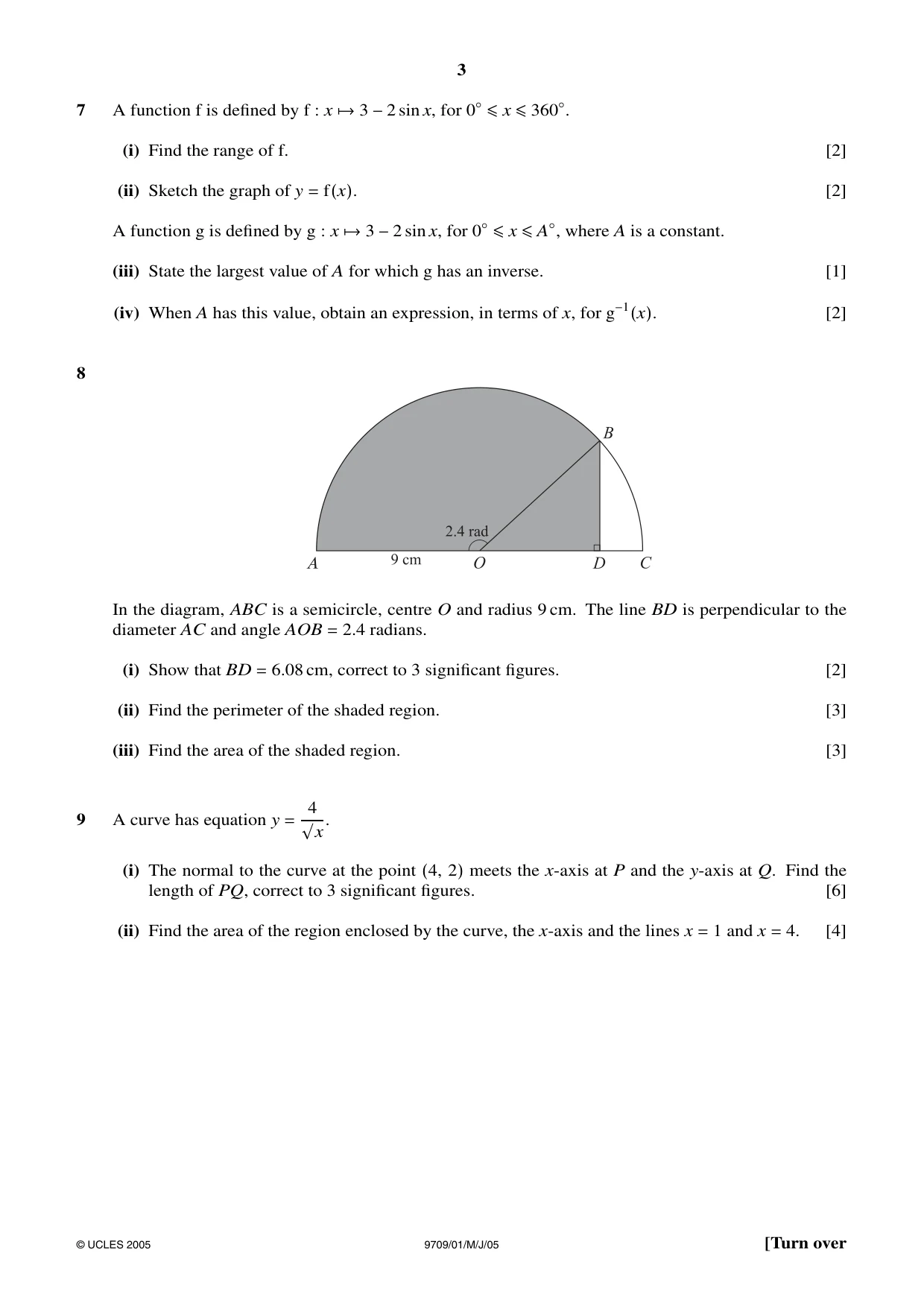Cambridge A Level Mathematics 9709 2005 May/June Paper 1 · Variant 1 question paper, page 3 of 4