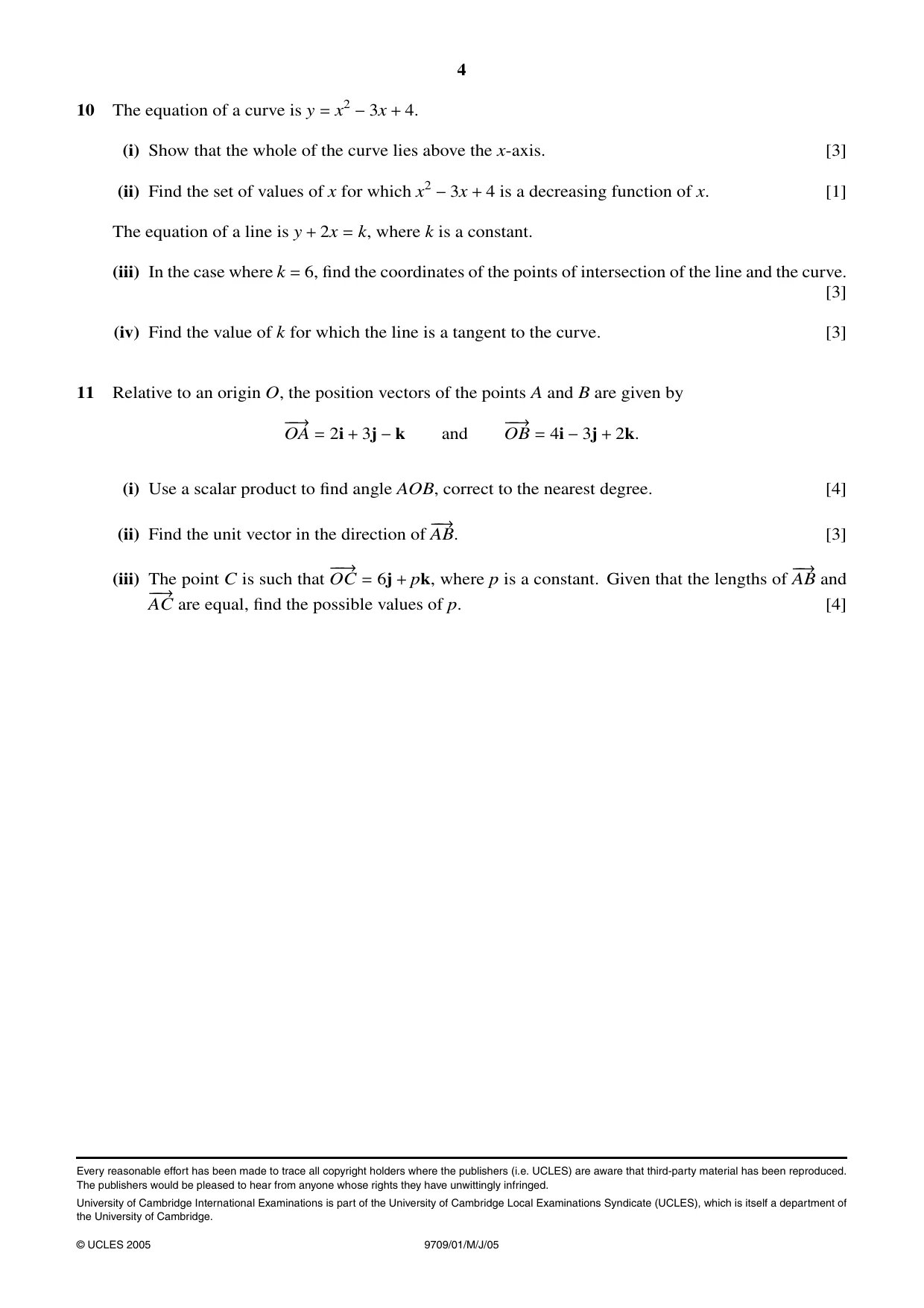Cambridge A Level Mathematics 9709 2005 May/June Paper 1 · Variant 1 question paper, page 4 of 4