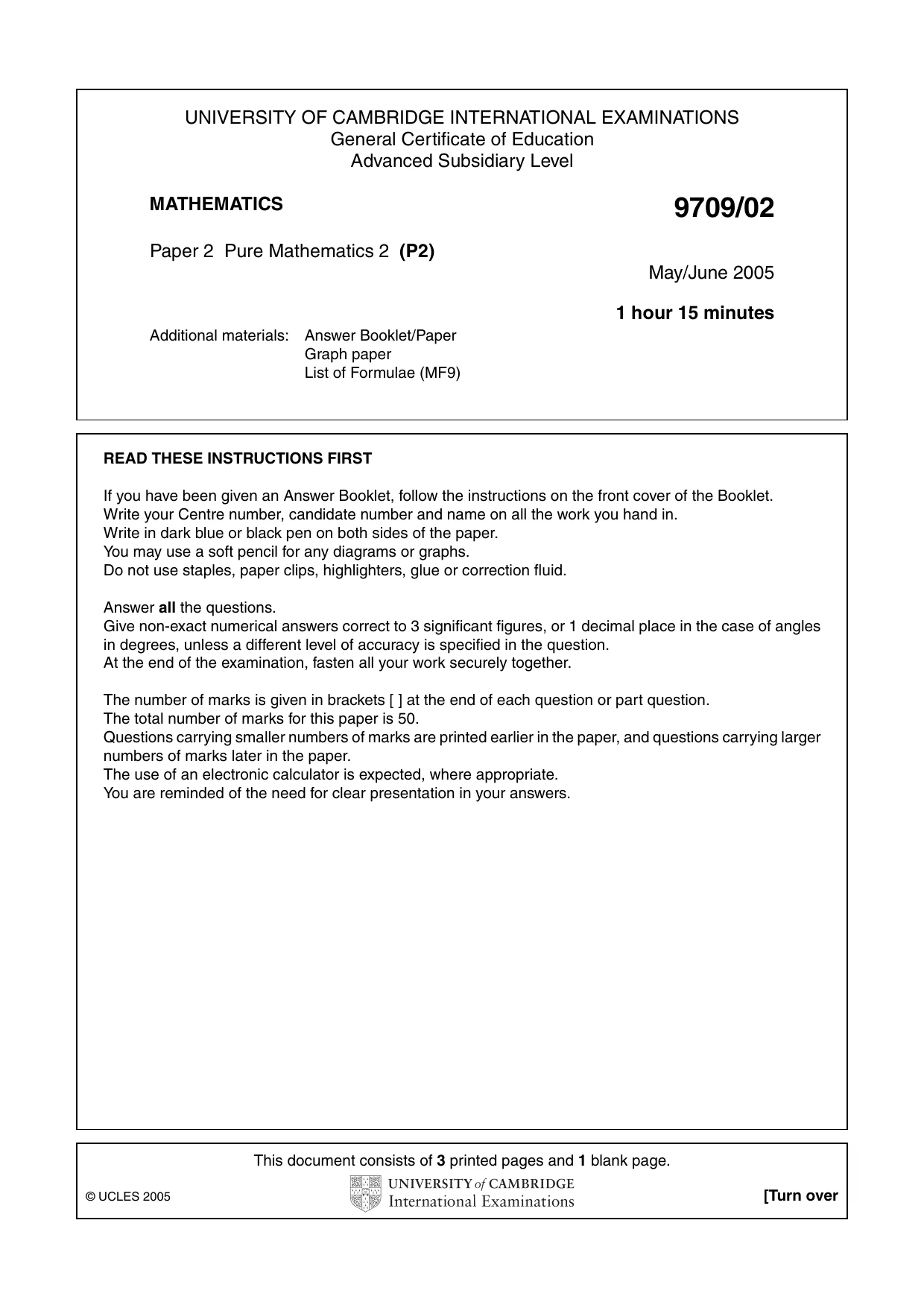 Cambridge A Level Mathematics 9709 2005 May/June Paper 2 · Variant 1 question paper, page 1 of 4