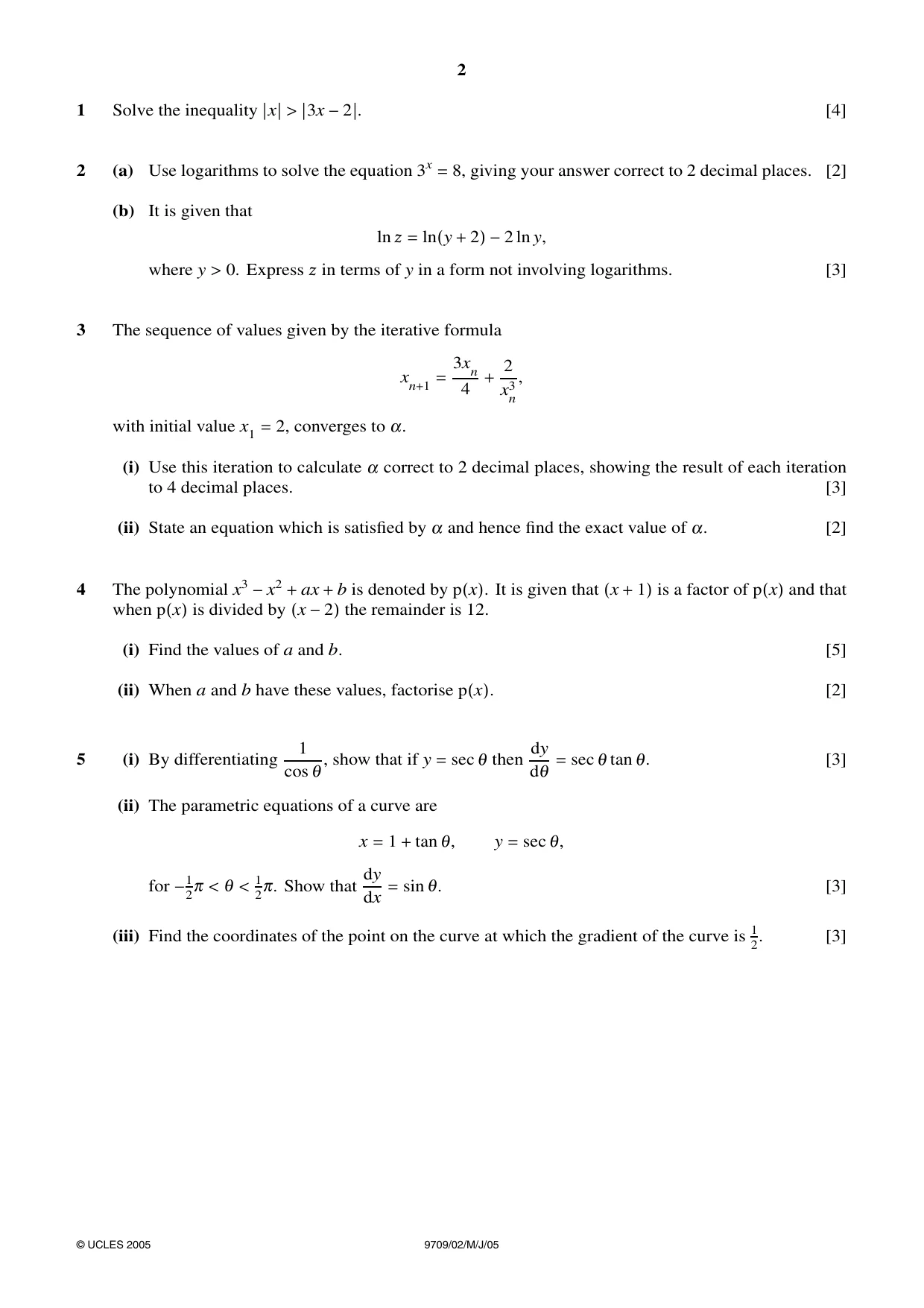 Cambridge A Level Mathematics 9709 2005 May/June Paper 2 · Variant 1 question paper, page 2 of 4
