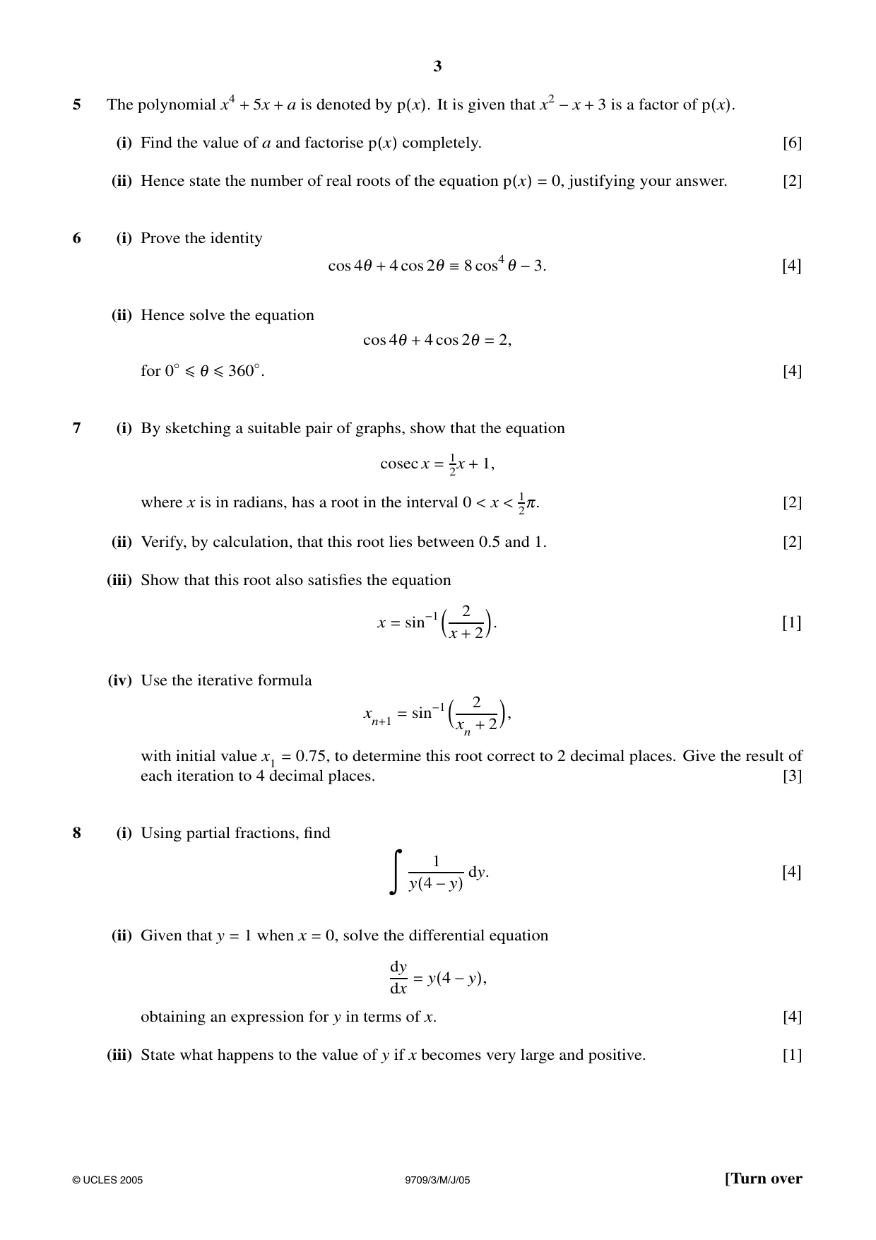 Cambridge A Level Mathematics 9709 2005 May/June Paper 3 · Variant 1 question paper, page 3 of 4