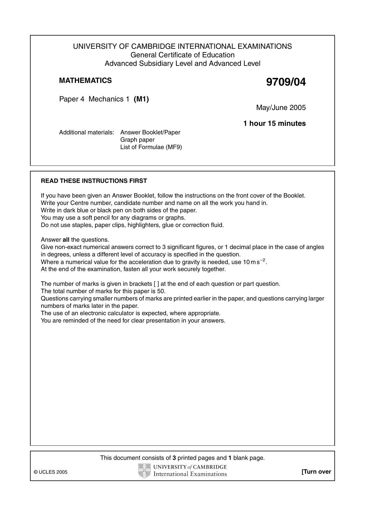 Cambridge A Level Mathematics 9709 2005 May/June Paper 4 · Variant 1 question paper, page 1 of 4