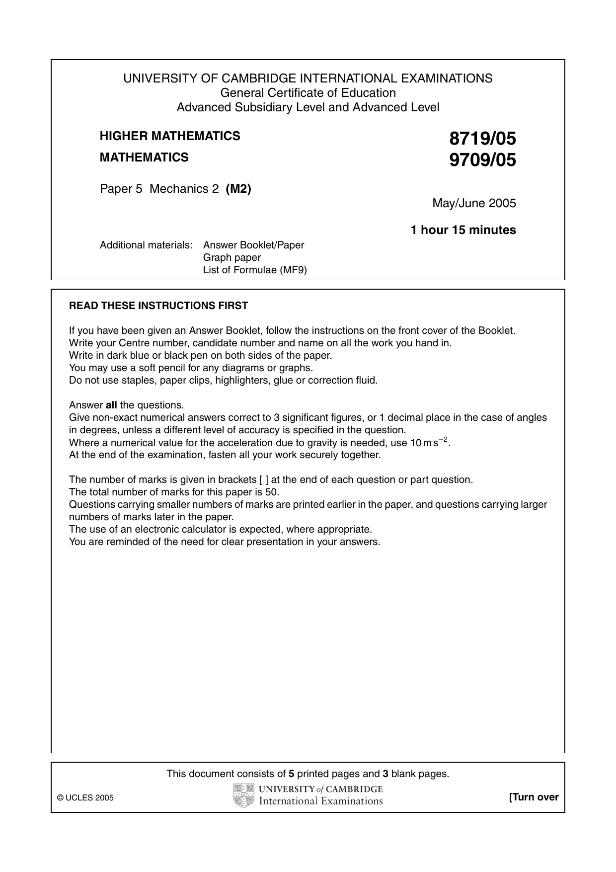 Cambridge A Level Mathematics 9709 2005 May/June Paper 5 · Variant 1 question paper, page 1 of 8
