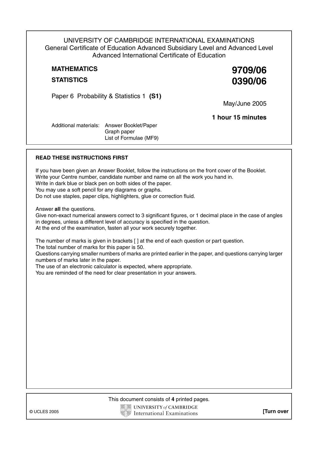 Cambridge A Level Mathematics 9709 2005 May/June Paper 6 · Variant 1 question paper, page 1 of 4