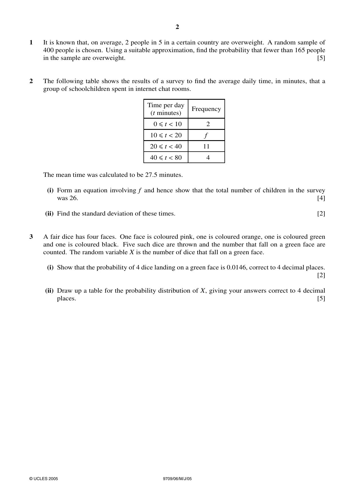 Cambridge A Level Mathematics 9709 2005 May/June Paper 6 · Variant 1 question paper, page 2 of 4