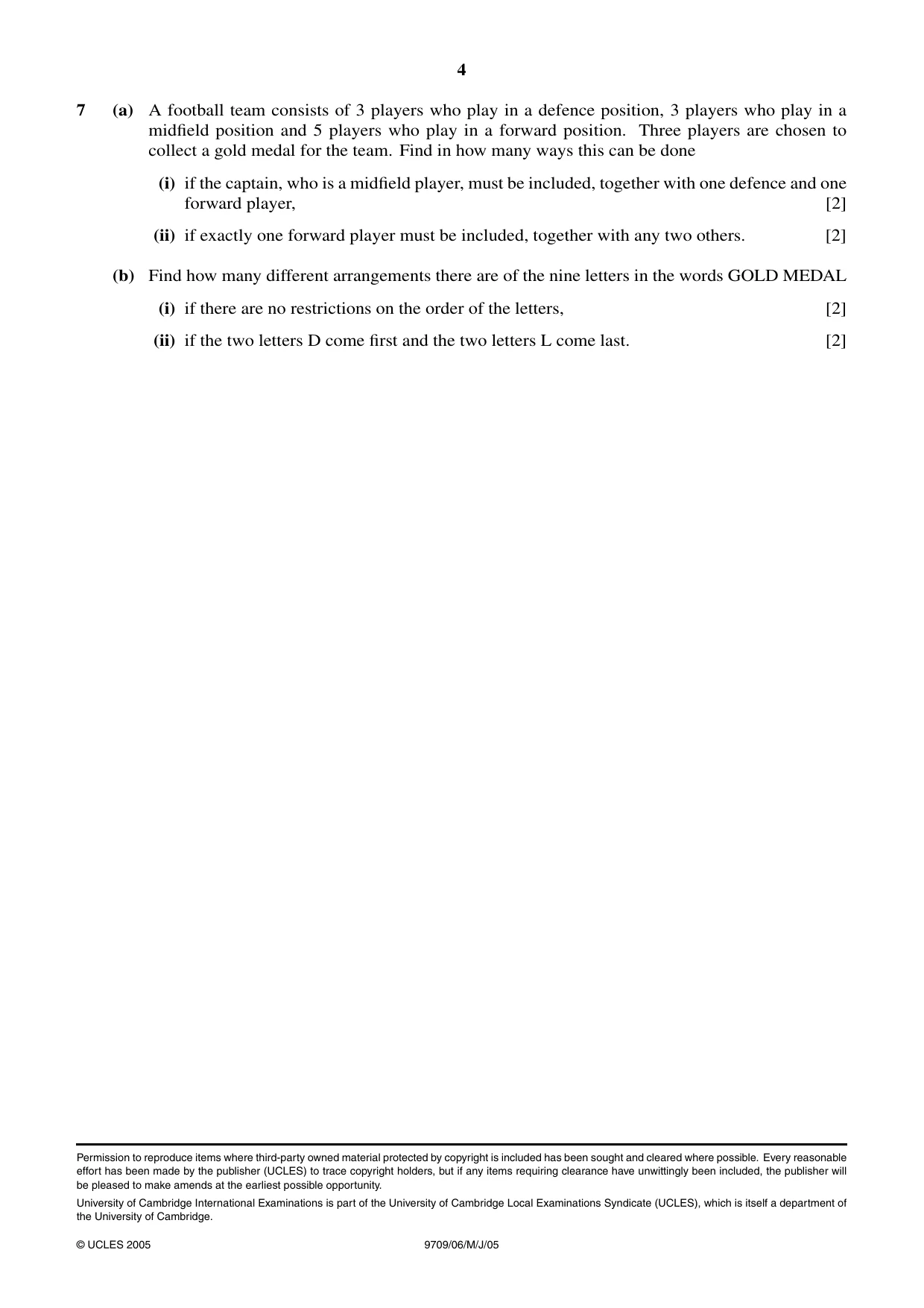 Cambridge A Level Mathematics 9709 2005 May/June Paper 6 · Variant 1 question paper, page 4 of 4