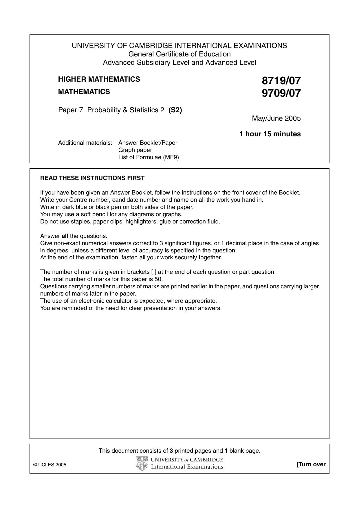 Cambridge A Level Mathematics 9709 2005 May/June Paper 7 · Variant 1 question paper, page 1 of 4