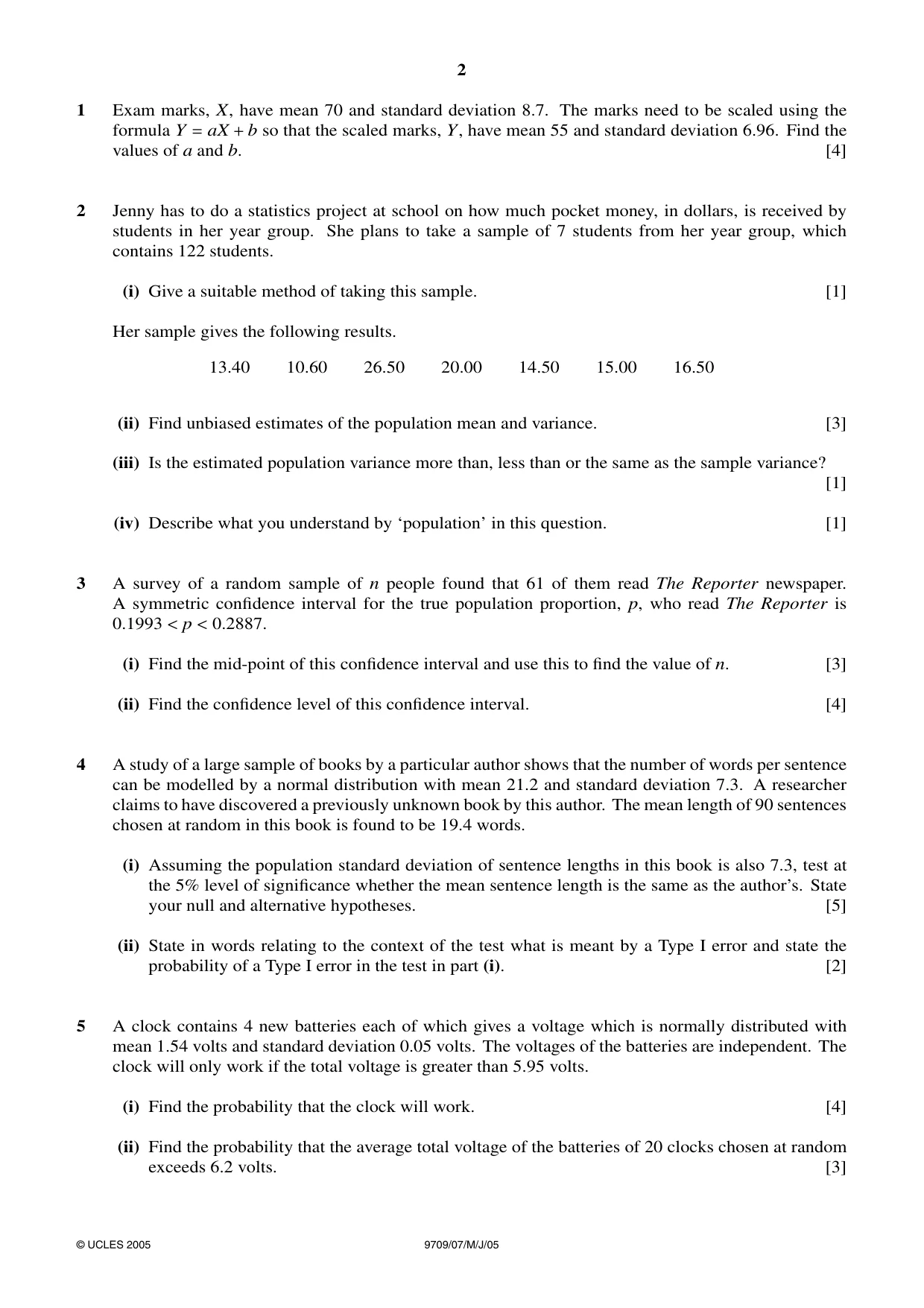 Cambridge A Level Mathematics 9709 2005 May/June Paper 7 · Variant 1 question paper, page 2 of 4