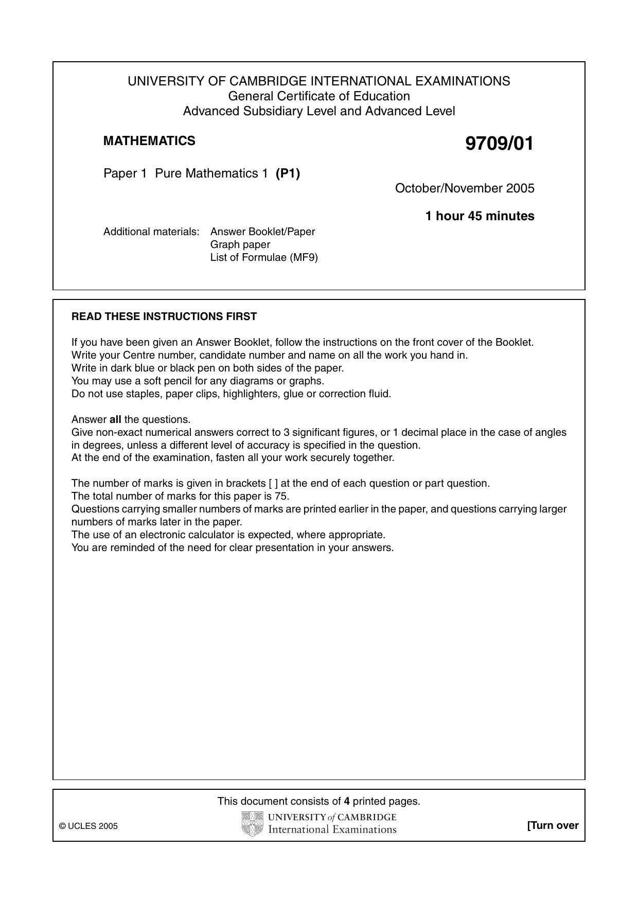 Cambridge A Level Mathematics 9709 2005 Oct/Nov Paper 1 · Variant 1 question paper, page 1 of 4