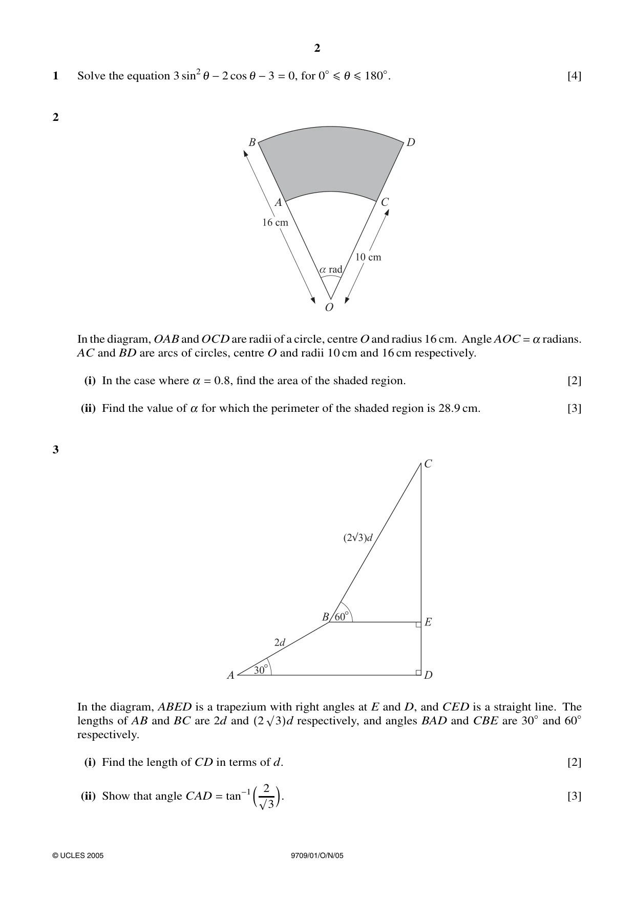 Cambridge A Level Mathematics 9709 2005 Oct/Nov Paper 1 · Variant 1 question paper, page 2 of 4