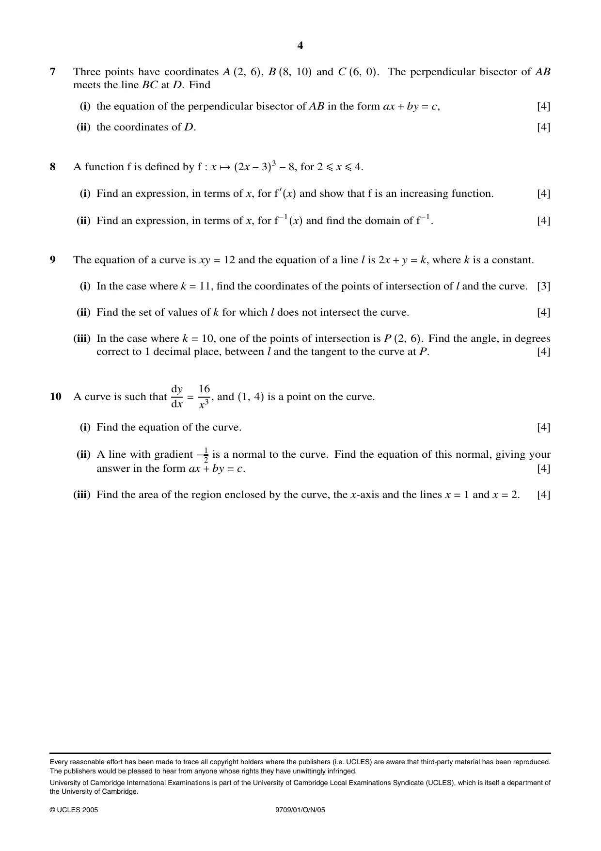 Cambridge A Level Mathematics 9709 2005 Oct/Nov Paper 1 · Variant 1 question paper, page 4 of 4