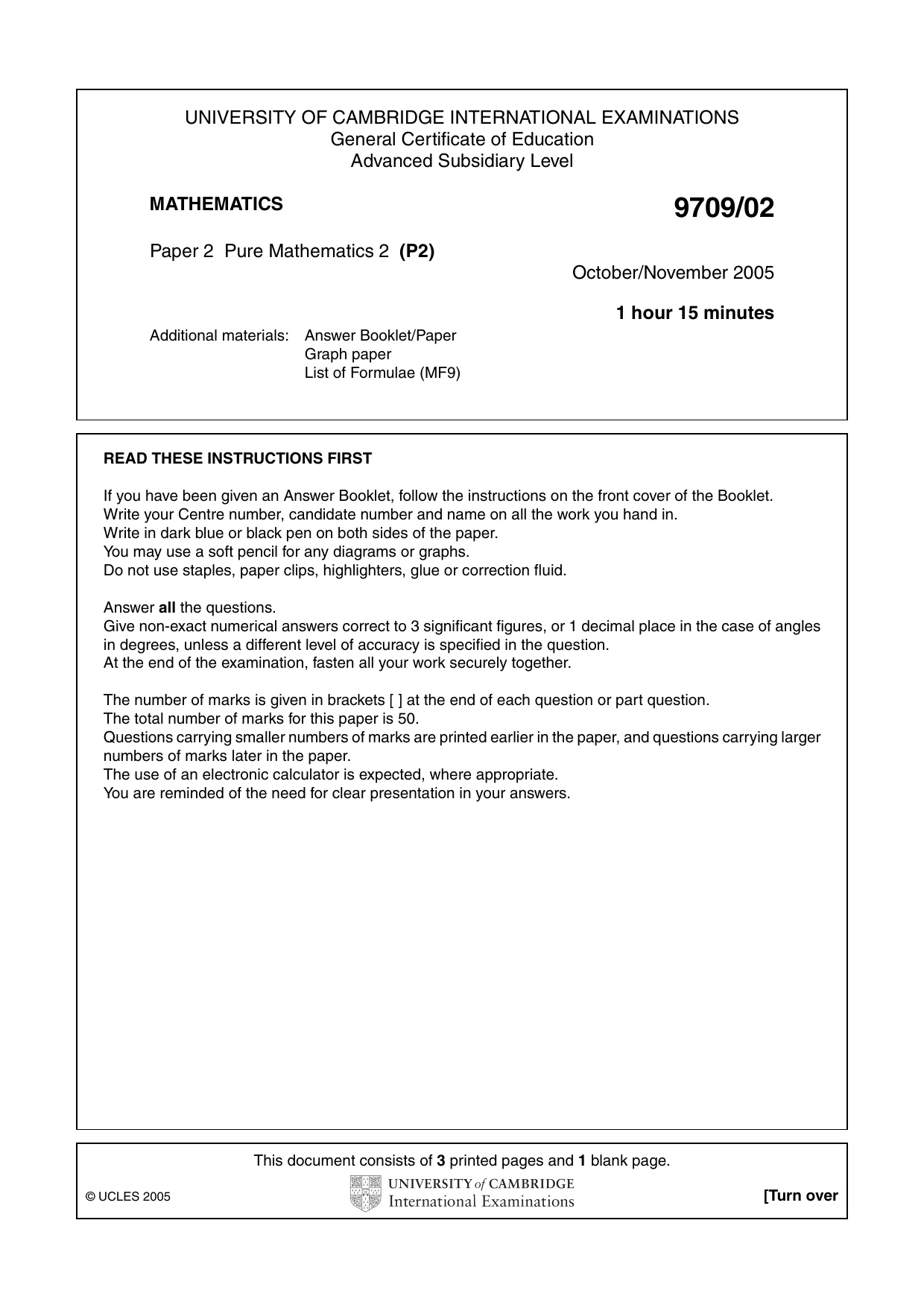 Cambridge A Level Mathematics 9709 2005 Oct/Nov Paper 2 · Variant 1 question paper, page 1 of 4